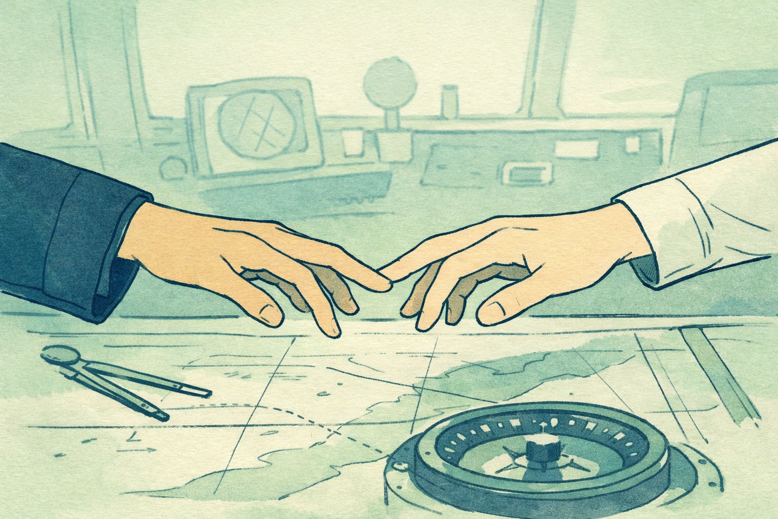 Two sailors' hands almost touching while reaching for navigation chart in intimate moment