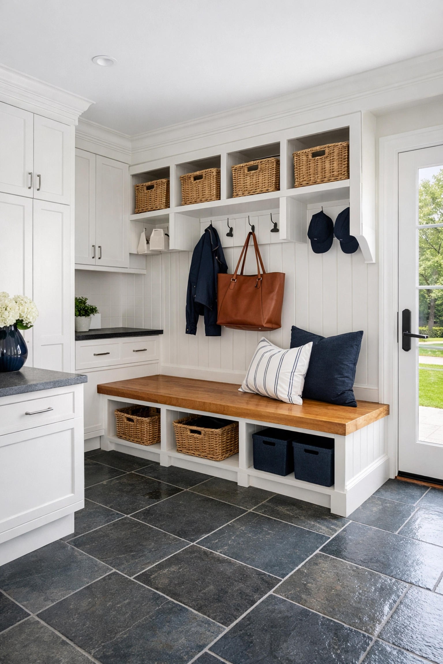 A clean, organized luxury mudroom in a Westwood estate showing spotless slate floors.