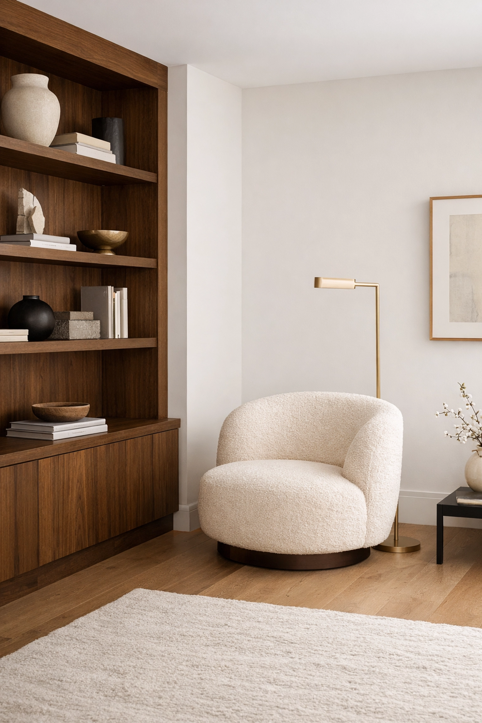Curated living room vignette with a solid wood bookshelf and cream accent chair in a professional design layout.