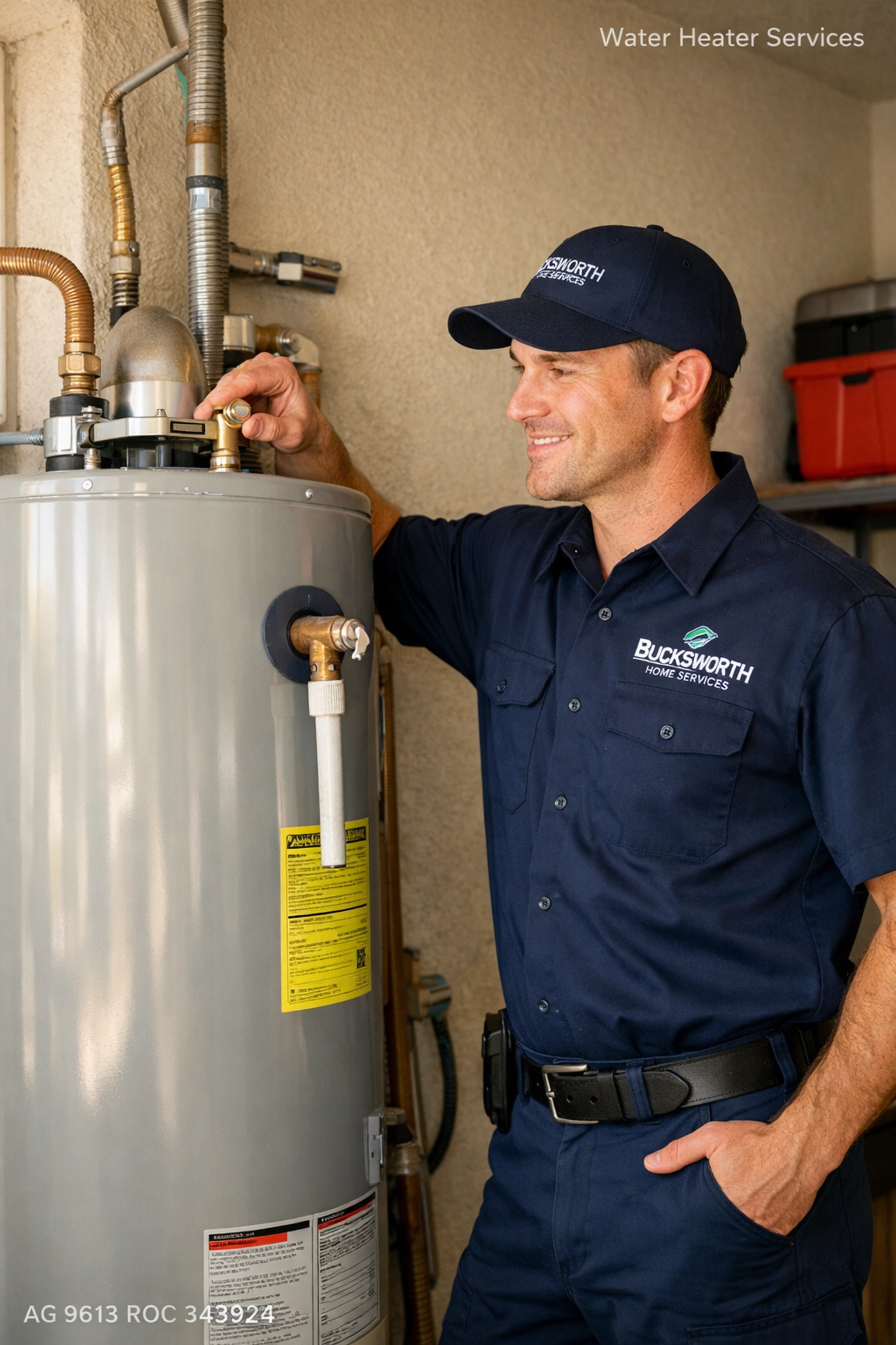 Professional technician inspecting a water heater tank for repair in San Tan Valley, AZ.