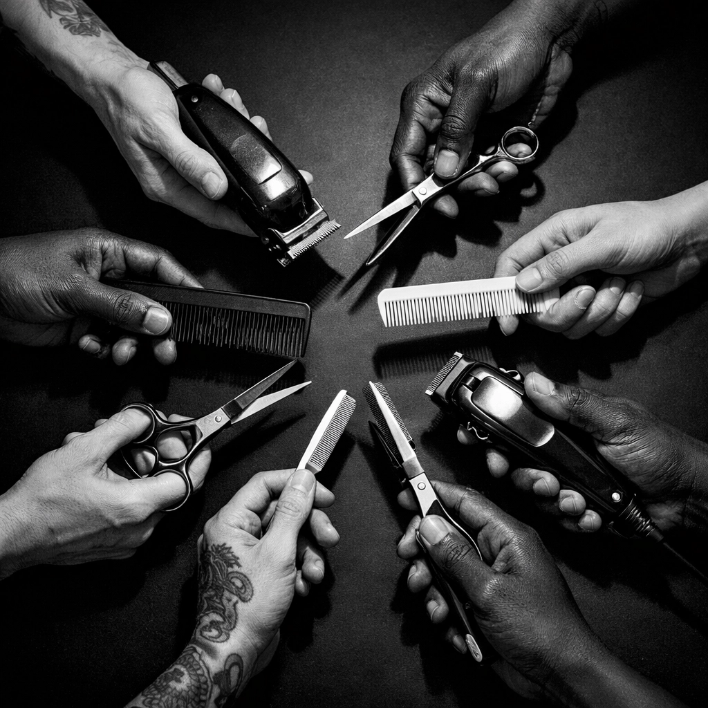Diverse hands holding professional barbering tools - clippers, shears, and combs for evening training