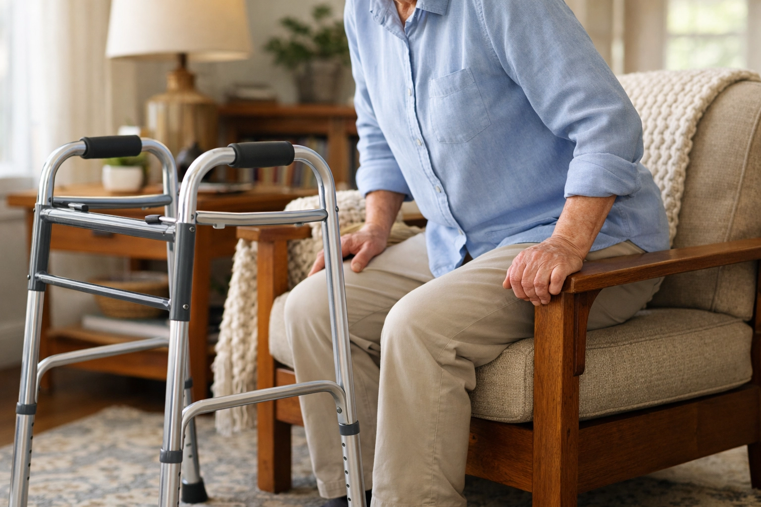 Senior using the push-to-stand technique by gripping chair armrests before using a walker.
