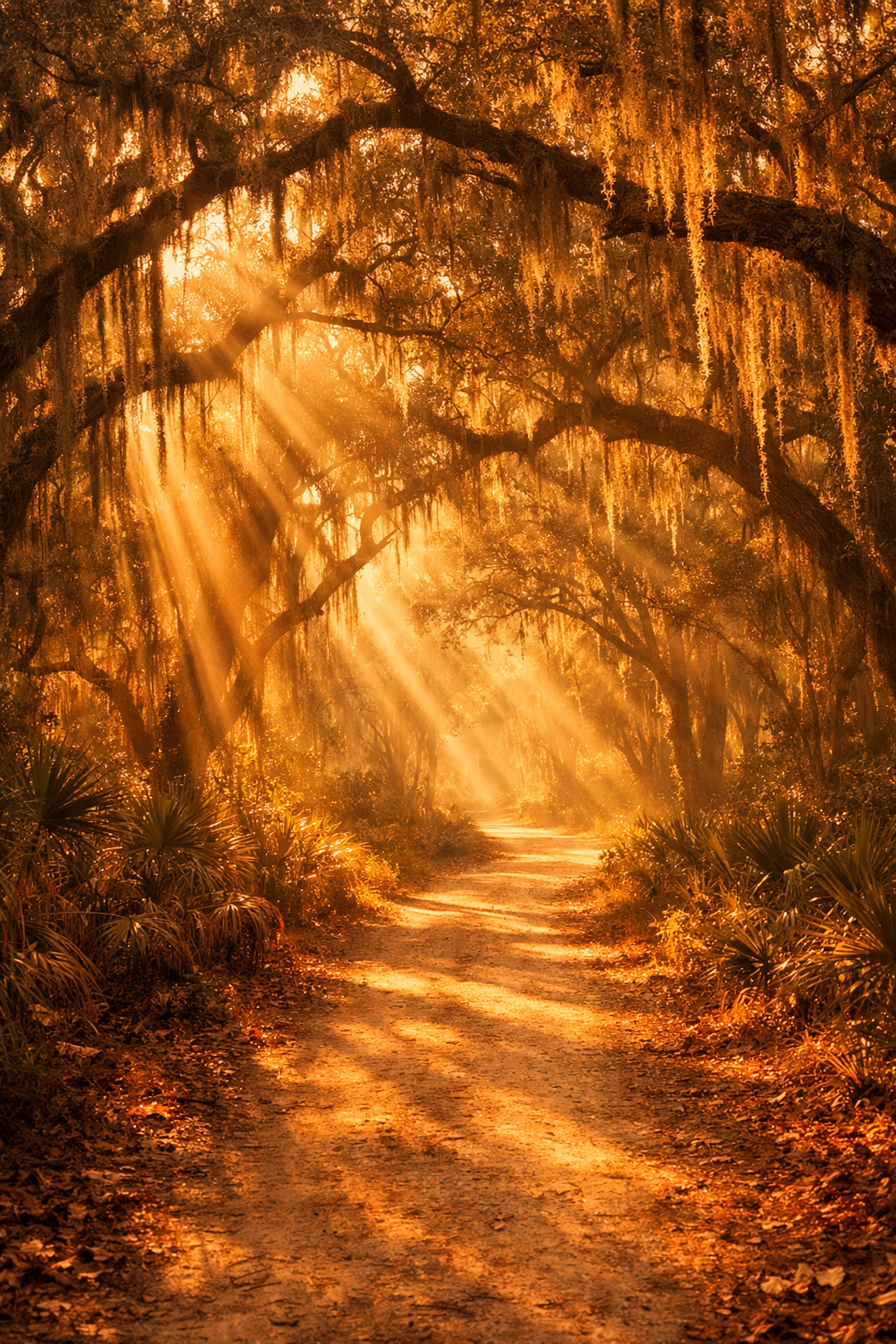 Sunlit forest path in Florida symbolizing a gentle journey toward Christian counseling in Orlando.