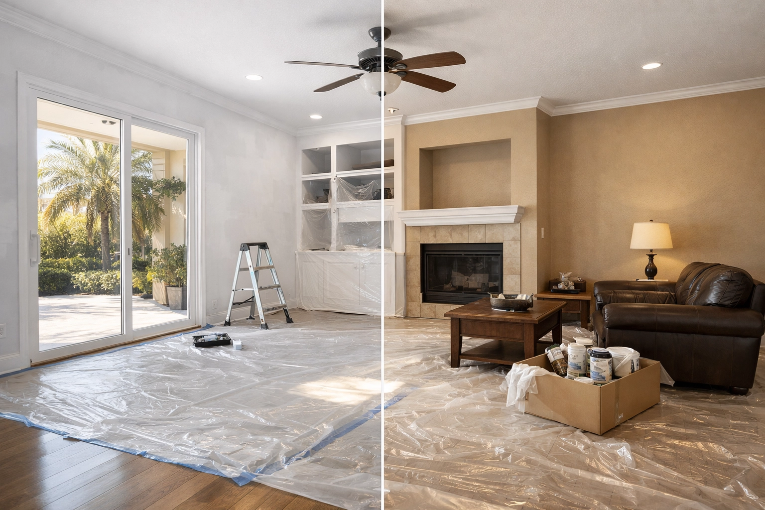 Orlando living room renovation in progress showing wall preparation and floor protection during Day 1