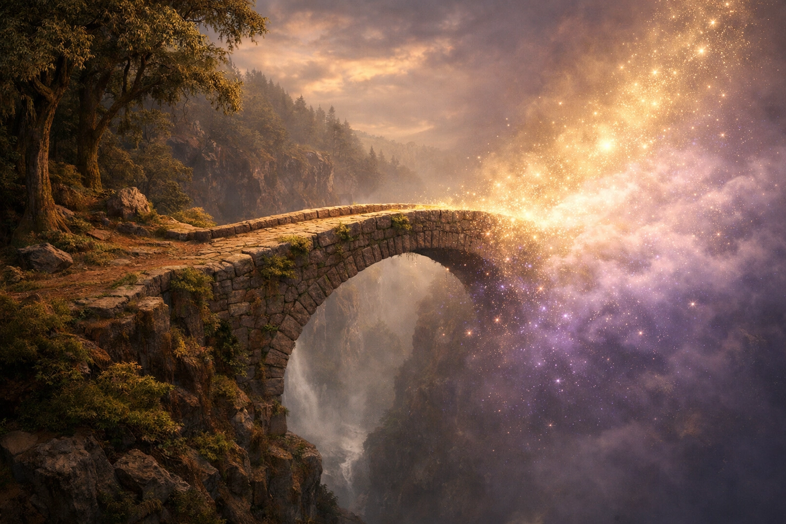 Stone bridge linking the material and spiritual worlds as a metaphor for healing wounds with the Chiron Effect.