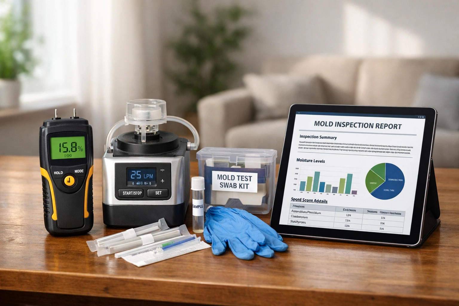 Professional mold inspection equipment including moisture meters and testing devices for home assessment