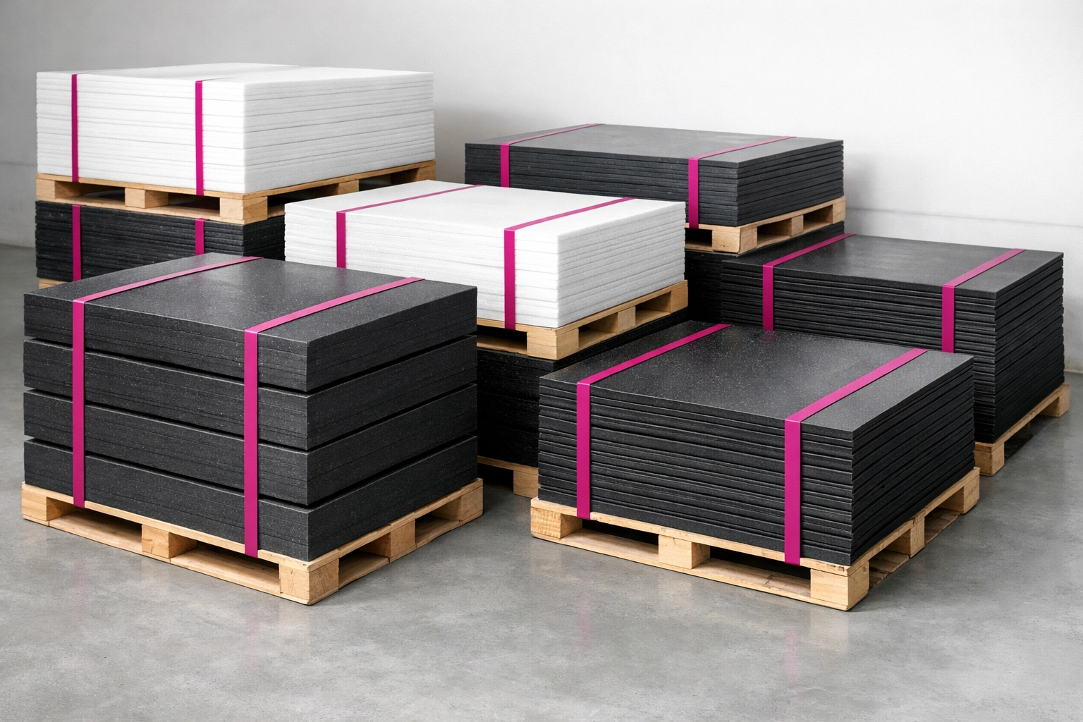 Stacks of 100% recycled HDPE plastic sheets in multiple thicknesses on pallets in a clean warehouse, suited to Tier 1 building and infrastructure projects.