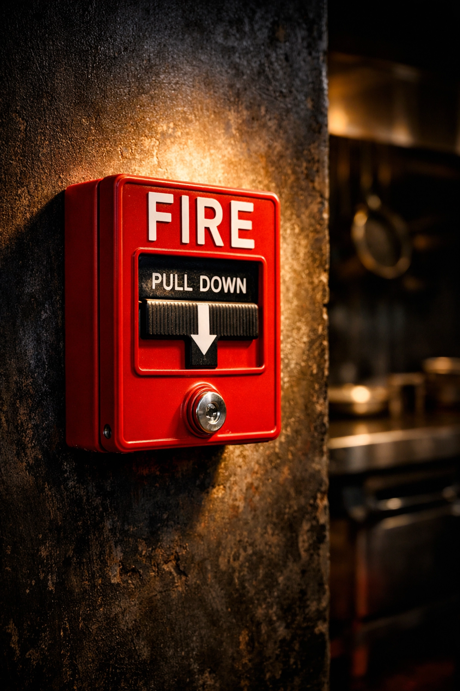 Red Ansul fire suppression manual pull station mounted on a kitchen wall for emergency compliance.