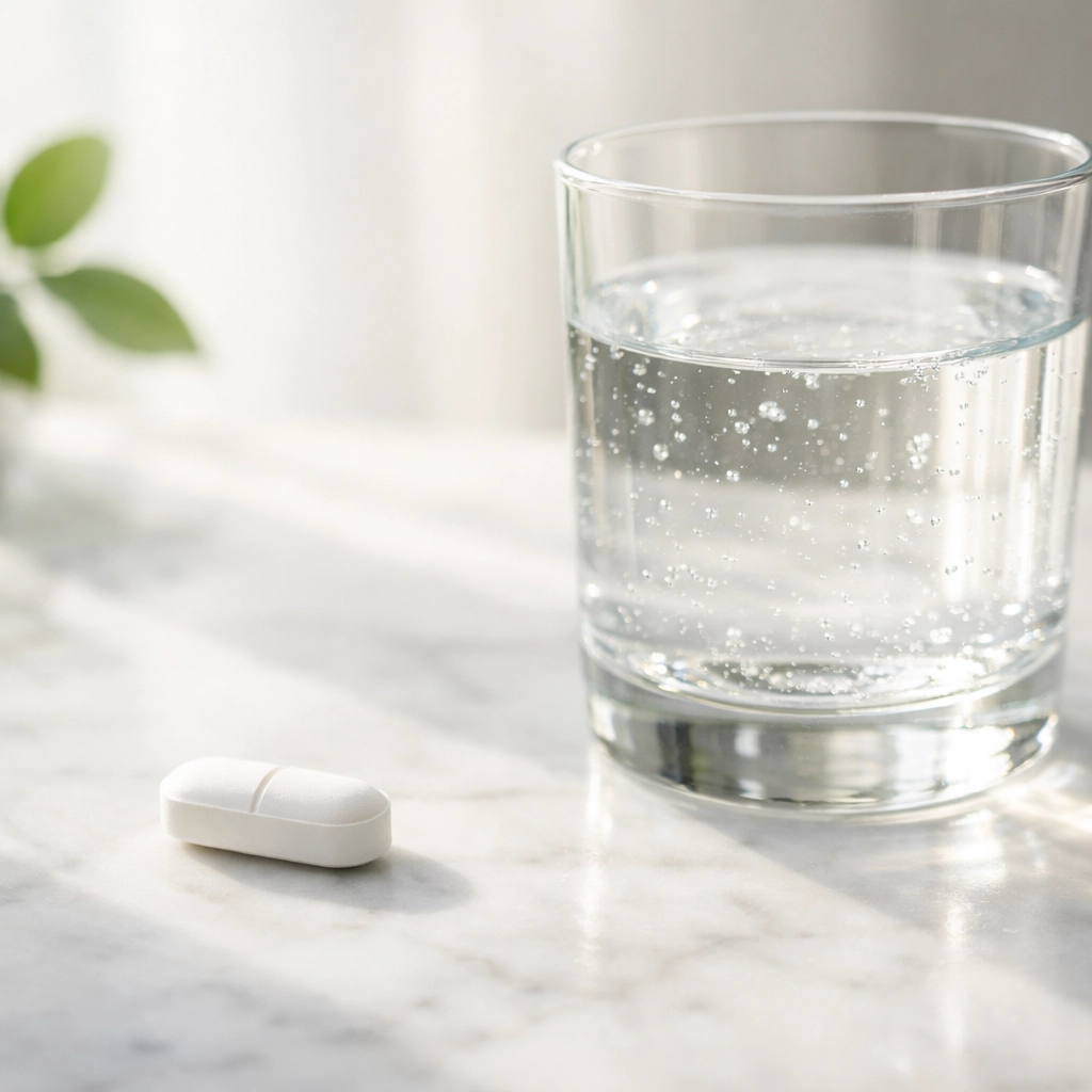 Oral Wegovy pill alternative shown as a white tablet next to water for a needle-free weight loss option.