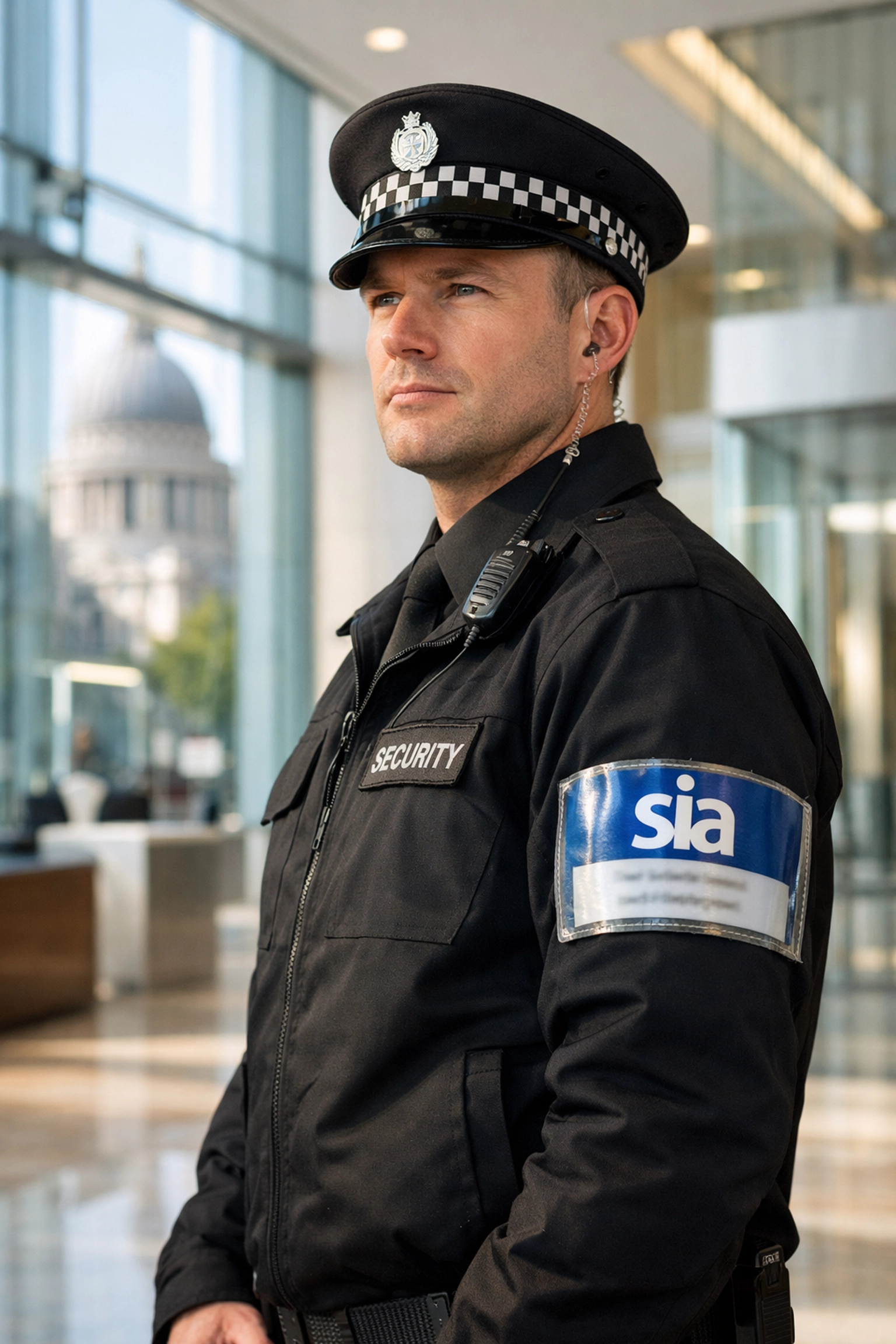 SIA licensed security officer in a professional uniform standing in a modern corporate lobby in London.