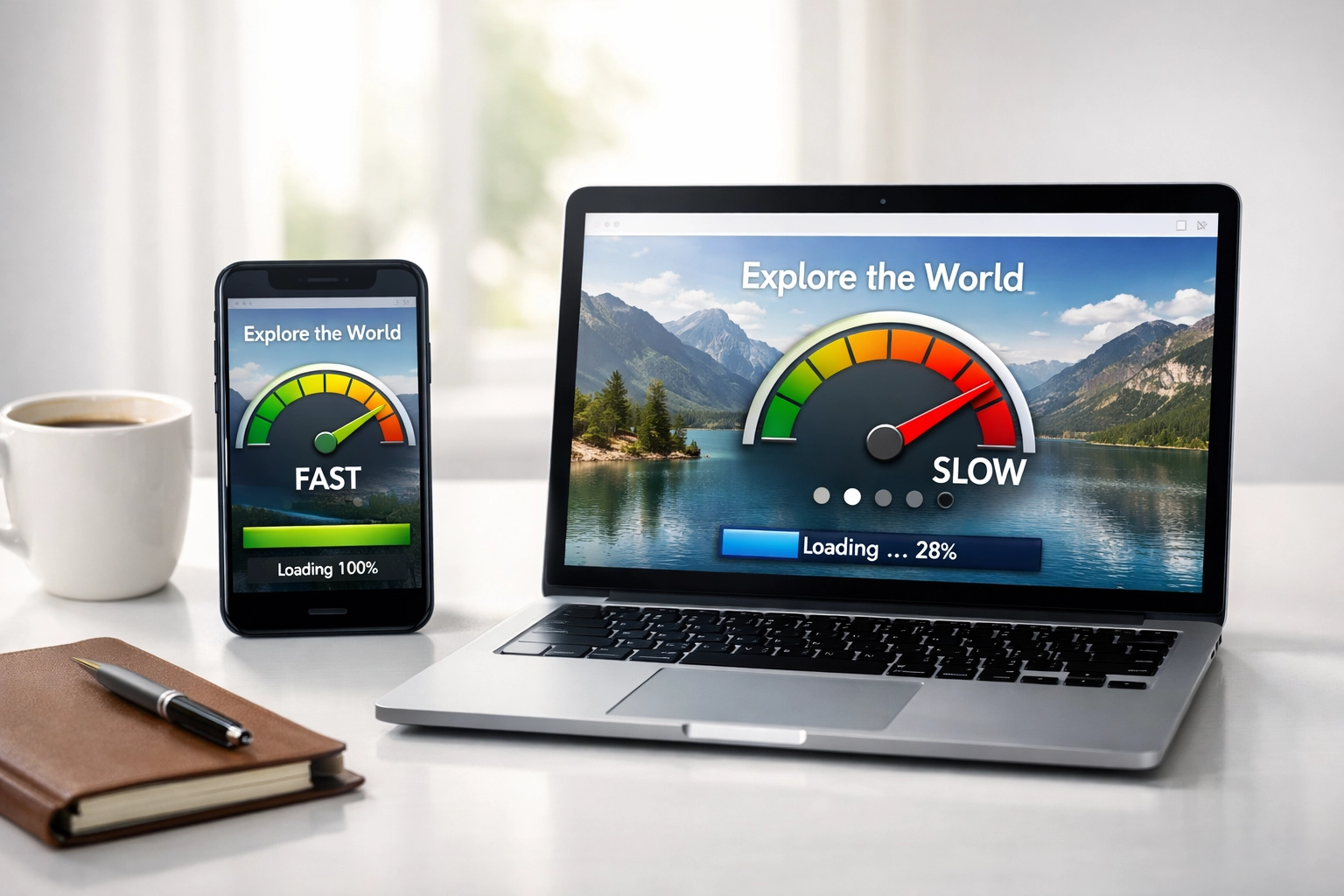 Website page speed comparison showing fast loading times on multiple devices