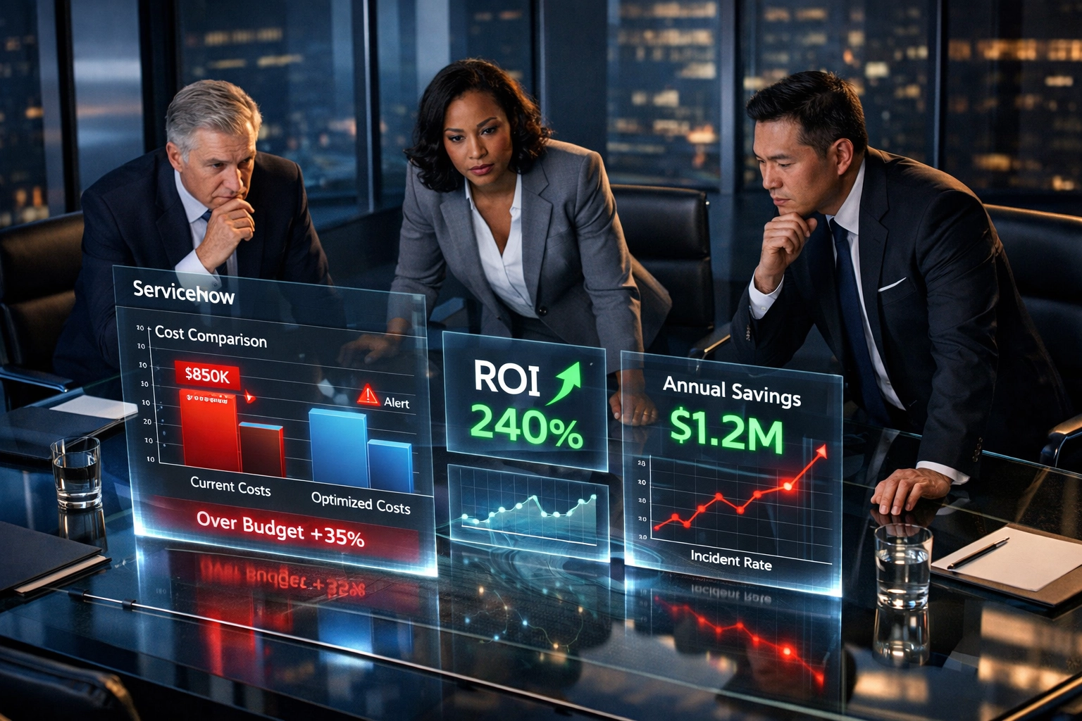 Business executives analyzing ServiceNow implementation costs and ROI metrics in boardroom