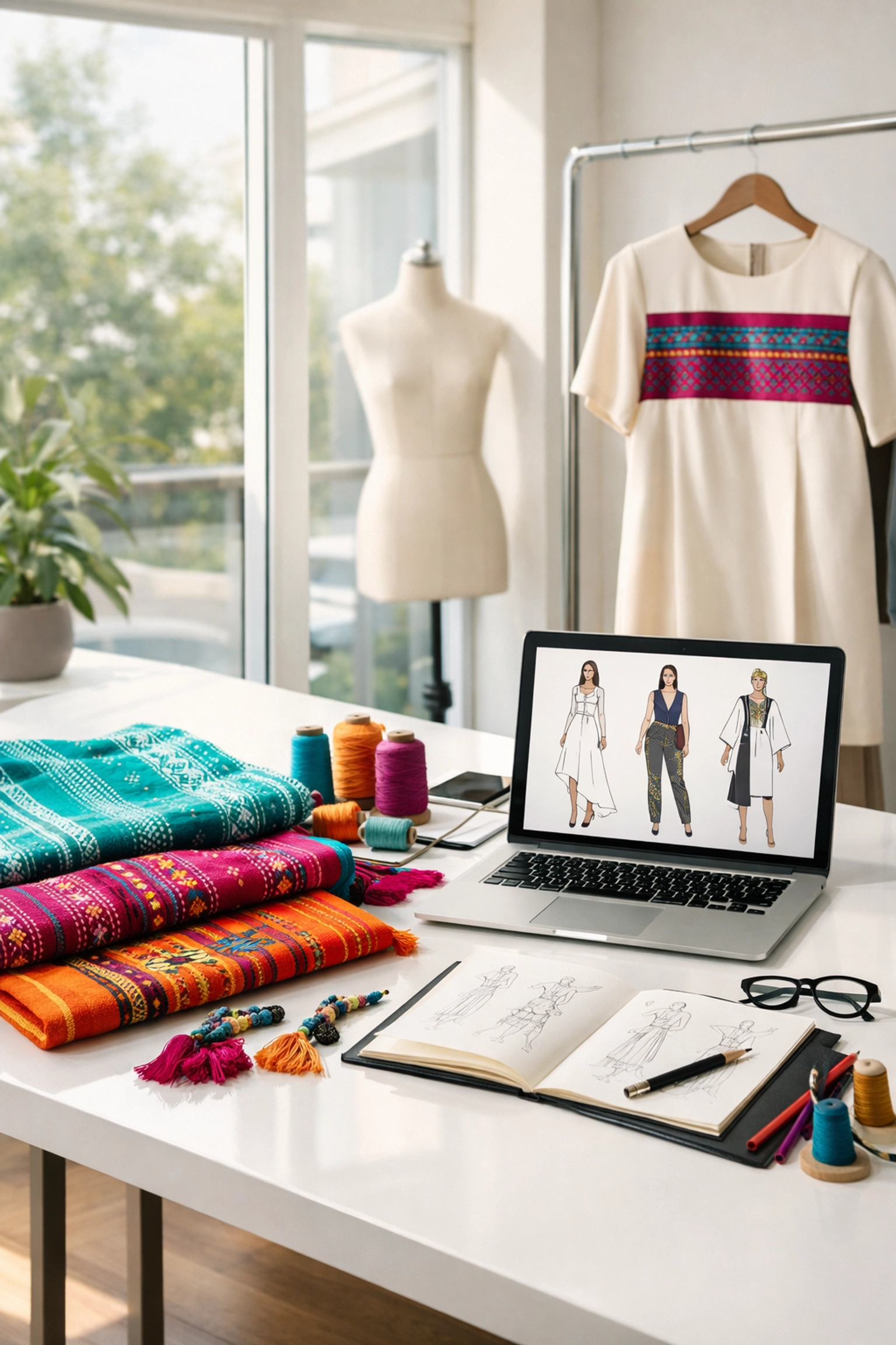 Modern Latin American designer workspace blending traditional handwoven textiles with digital design