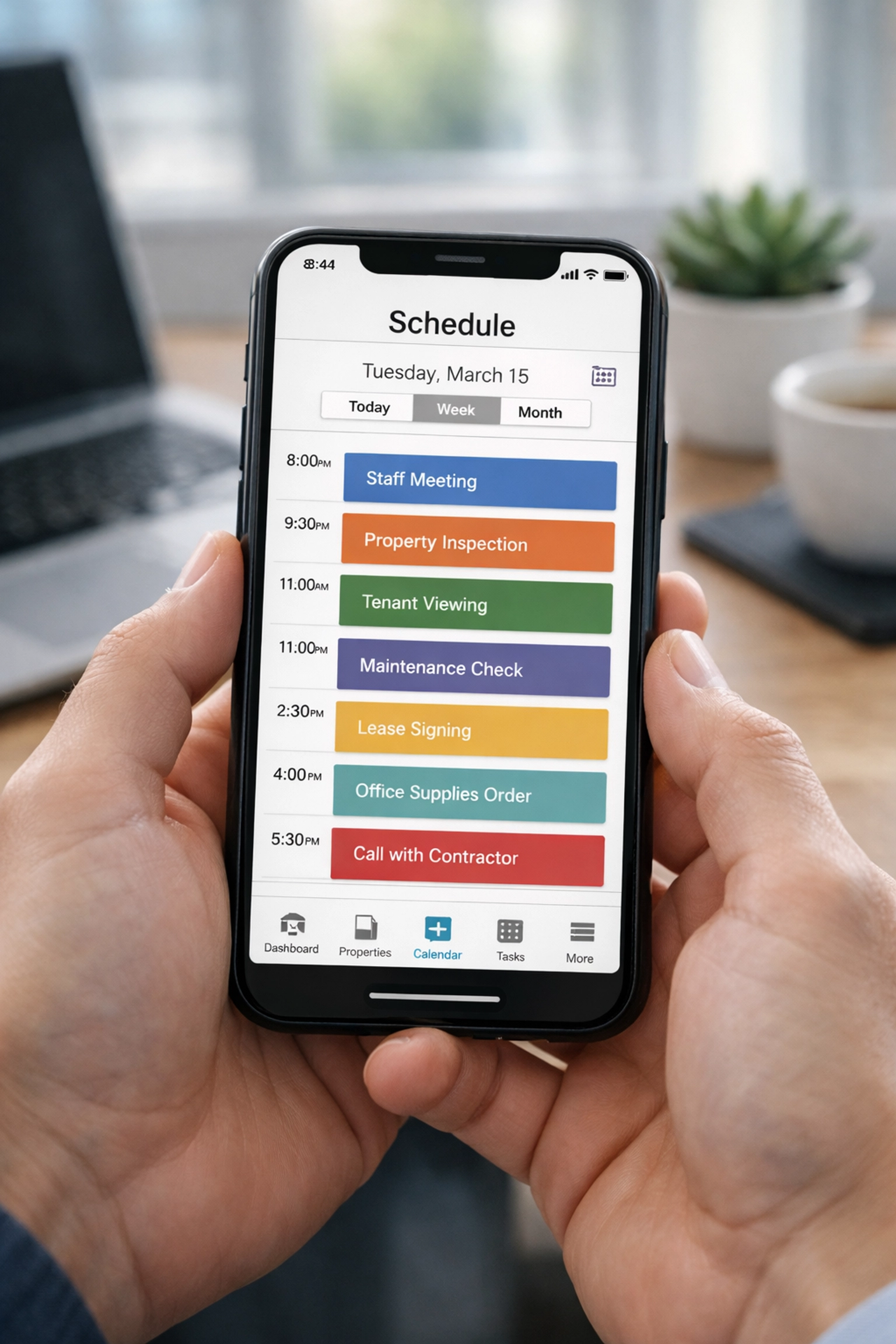 Property management scheduling calendar on smartphone for cleaning service automation