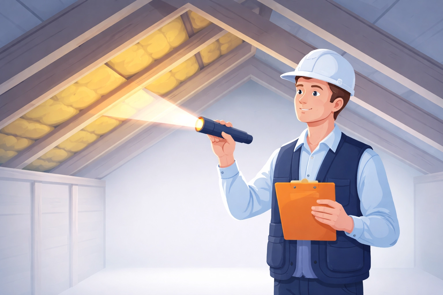 Professional surveyor inspecting loft insulation, representing a free loft survey for compliance with UK building regulations.