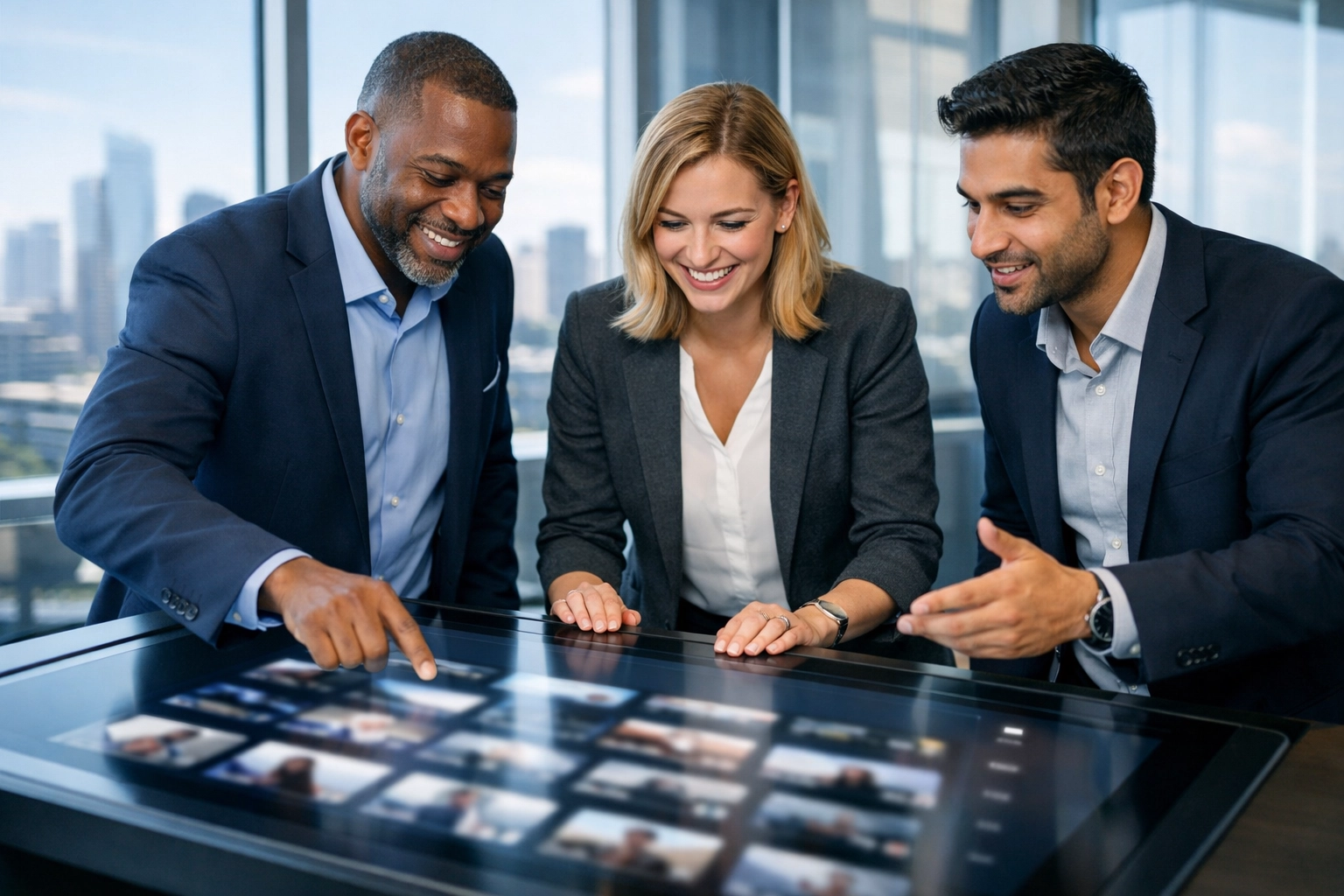 Media consultants collaborating on a digital asset management dashboard at Dakdan Worldwide.