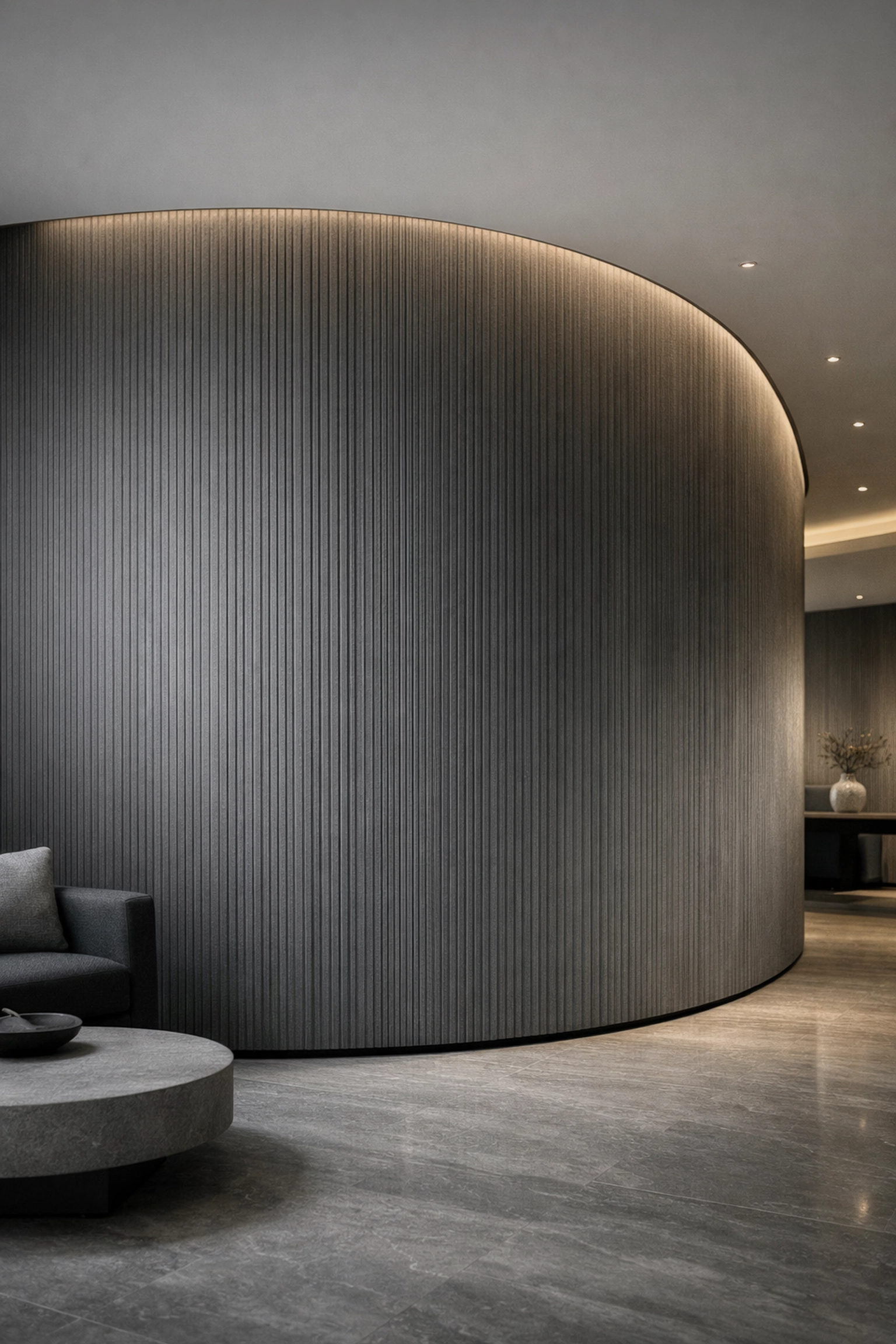 Mur incurvé de hall d'hôtel avec panneau de pierre naturelle flexible MS Line ignifuge d'Angkop Corp.