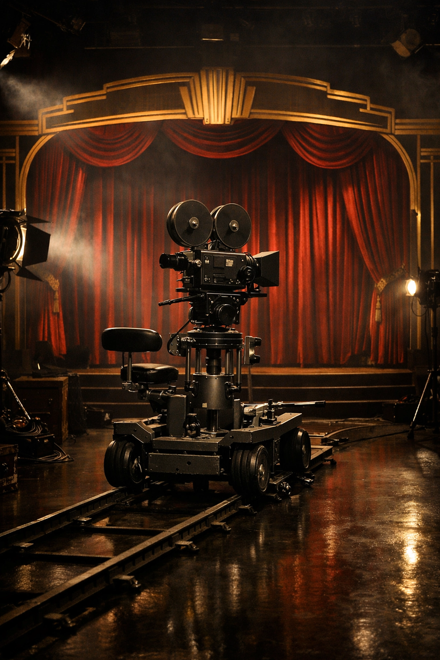 Professional 1930s period-piece film set with vintage cinema camera and red stage curtains.