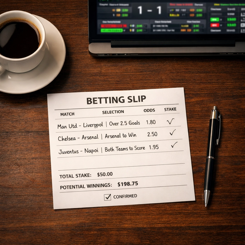 Wettschein und Laptop mit Live-Statistiken für Sportwetten-Analyse