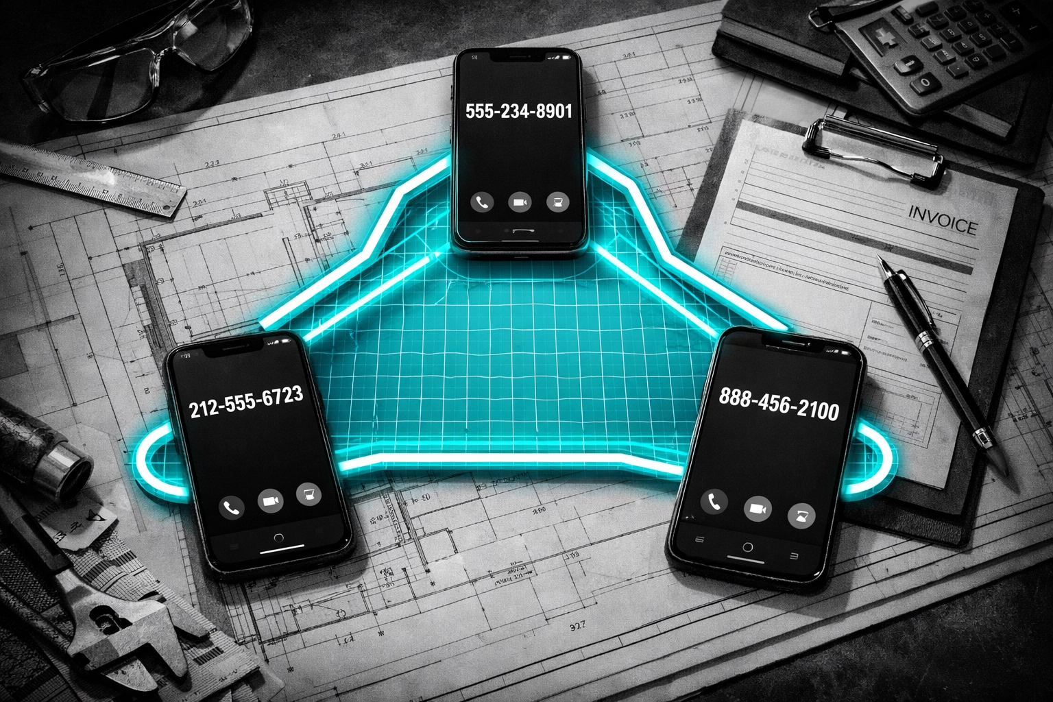 Three phones displaying different tracking numbers for marketing campaigns on contractor's desk