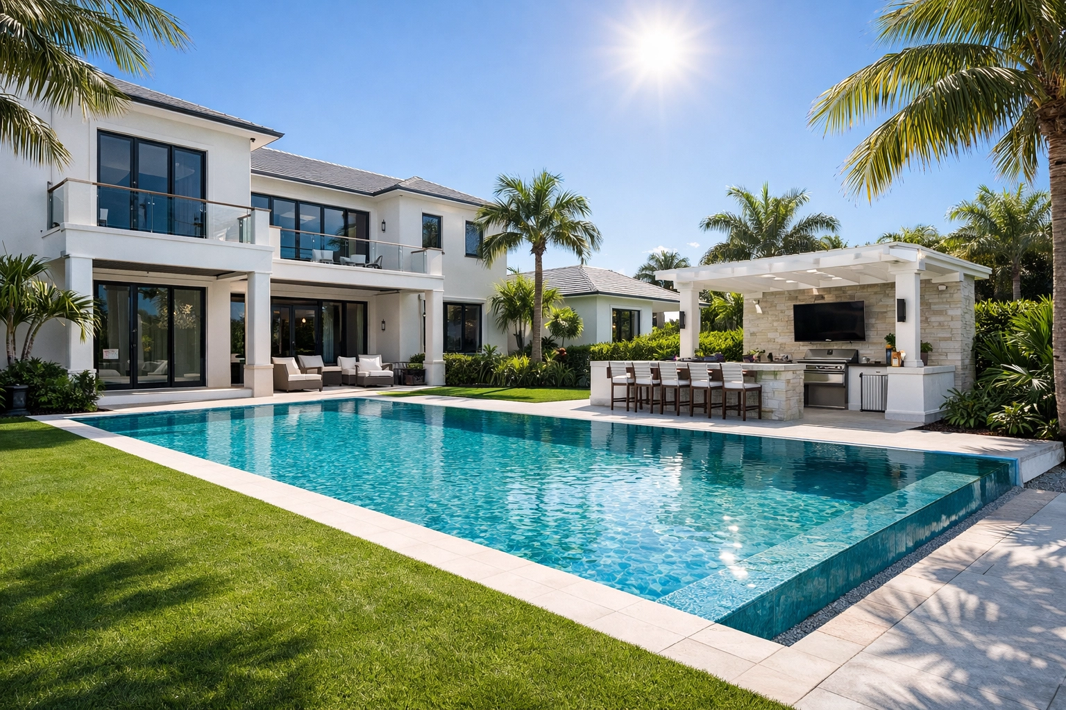 Luxury South Florida real estate featuring a contemporary white estate with a zero-edge swimming pool.