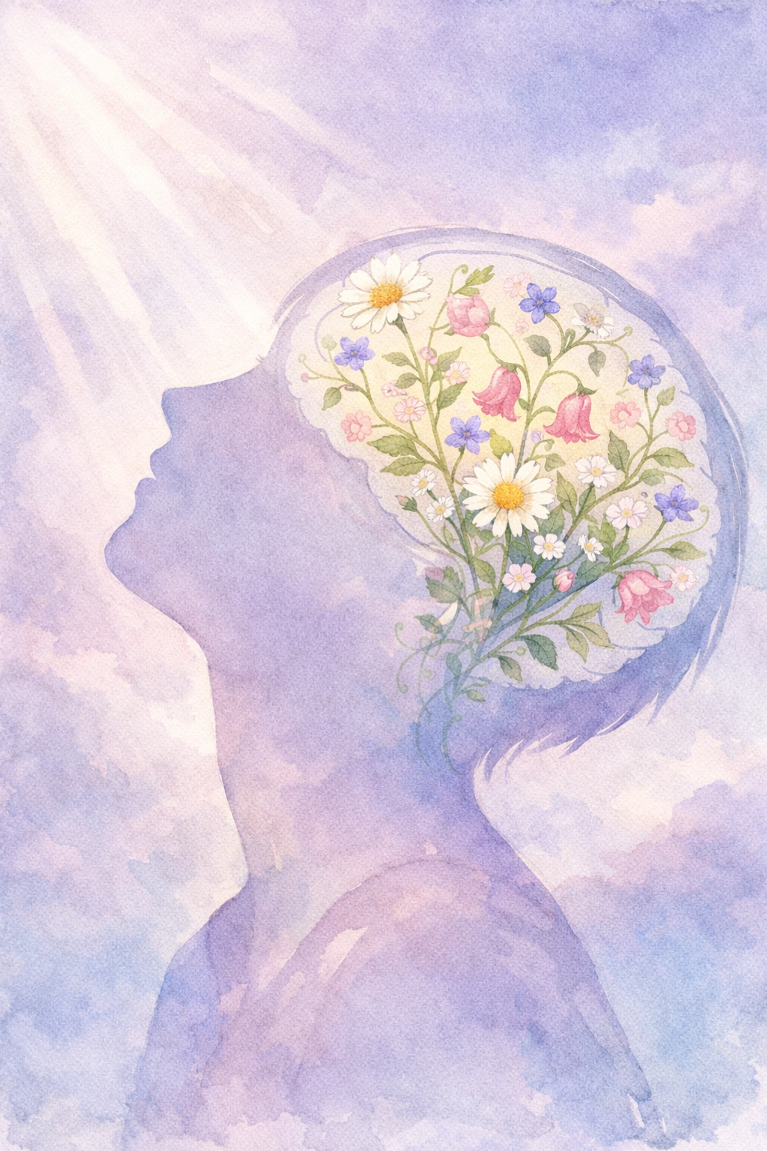 Brain with wildflowers blooming inside representing creative thinking and overcoming creative block