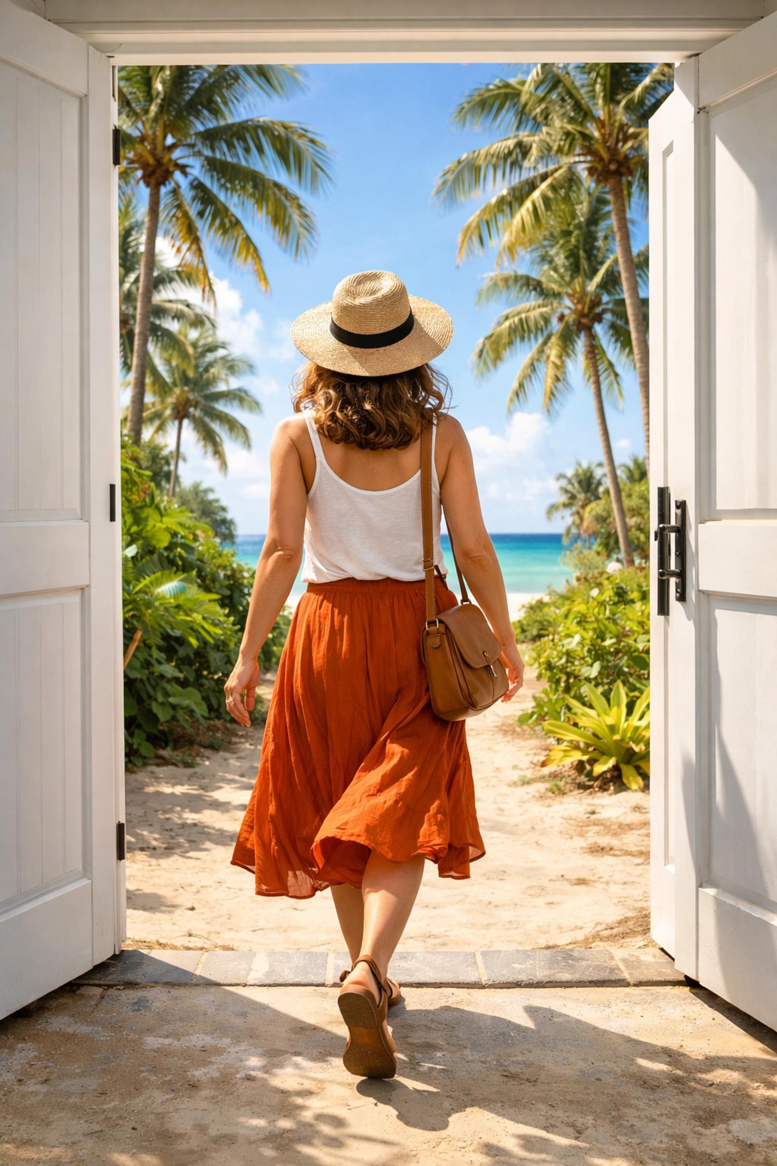 Woman stepping toward a new travel advisor career with tropical destination in view