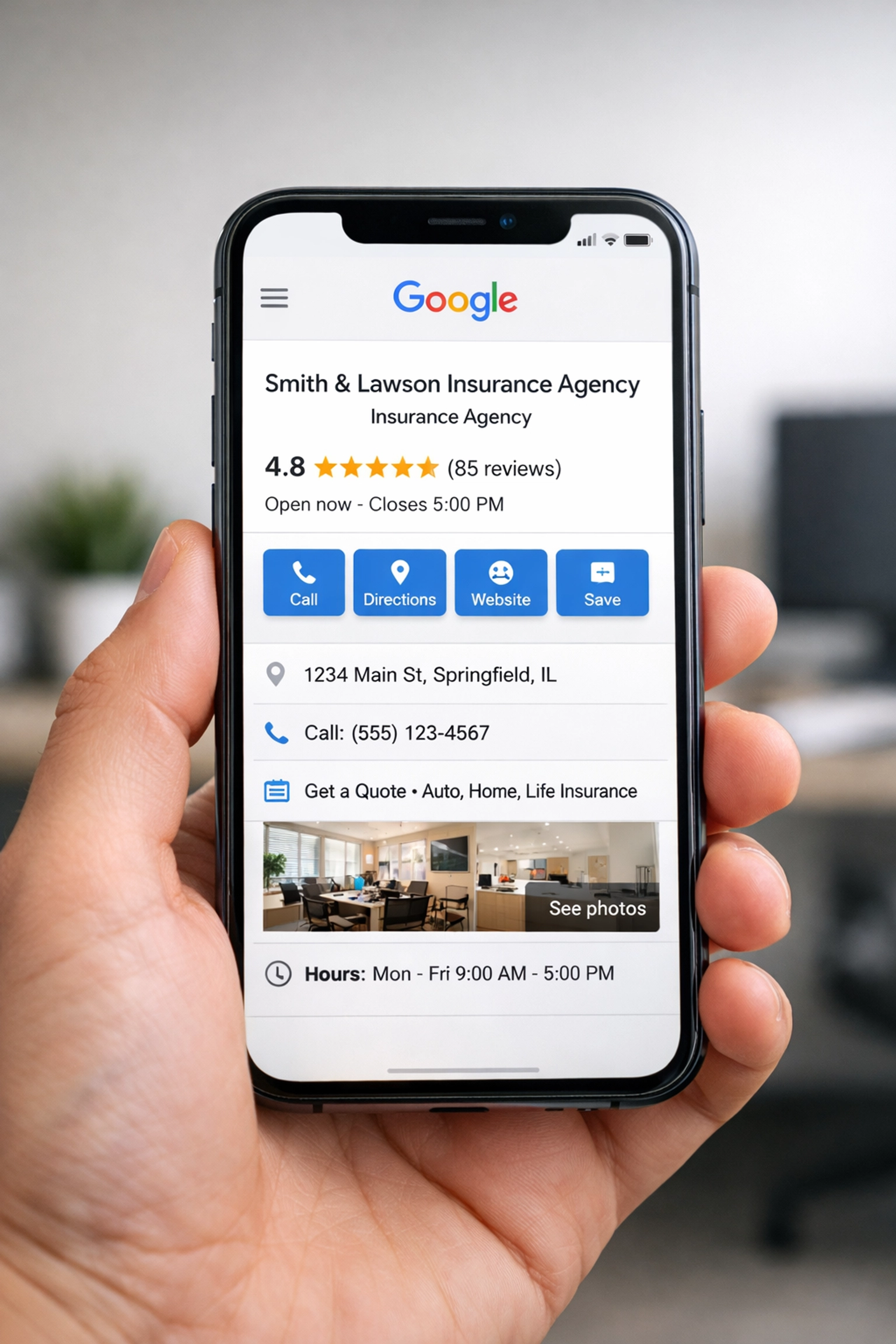 Google Business Profile for insurance agency showing star ratings on smartphone