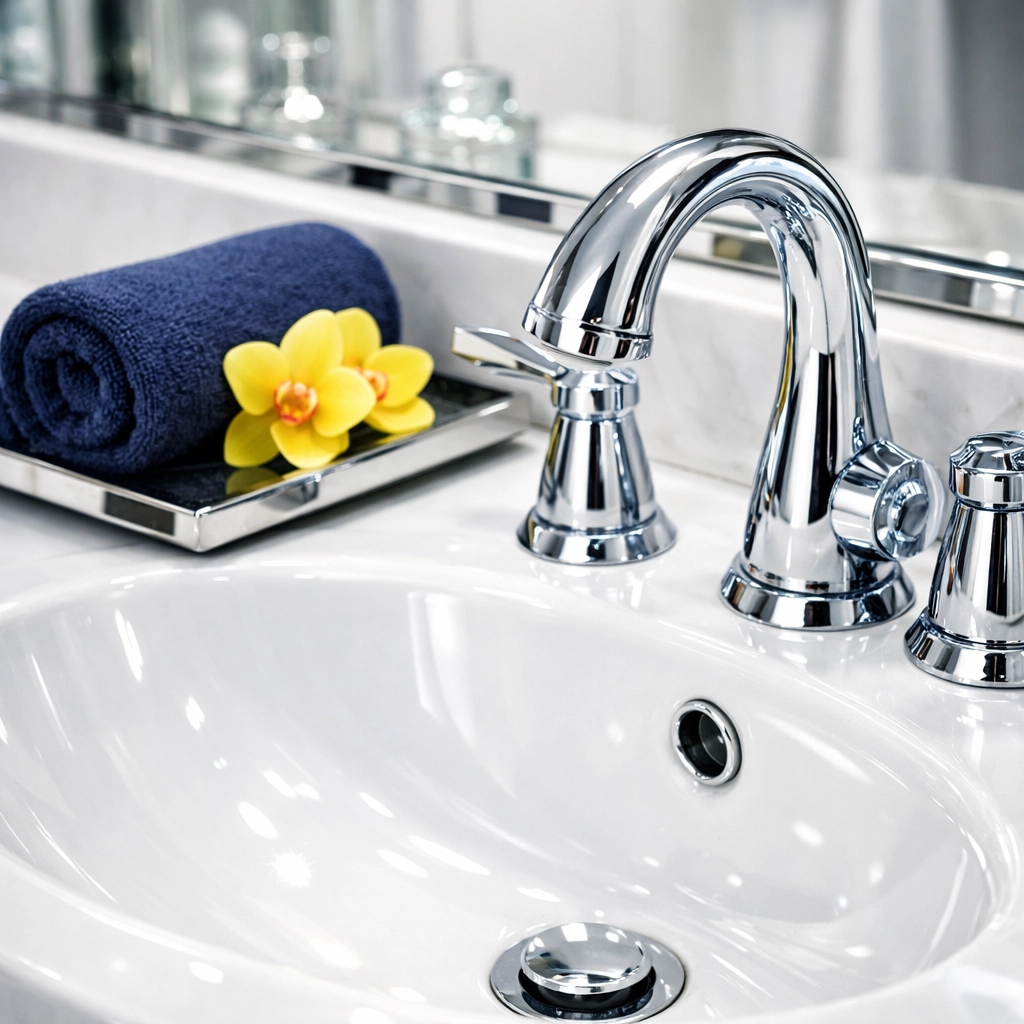 Expertly sanitized bathroom vanity reflecting high-end residential cleaning standards.