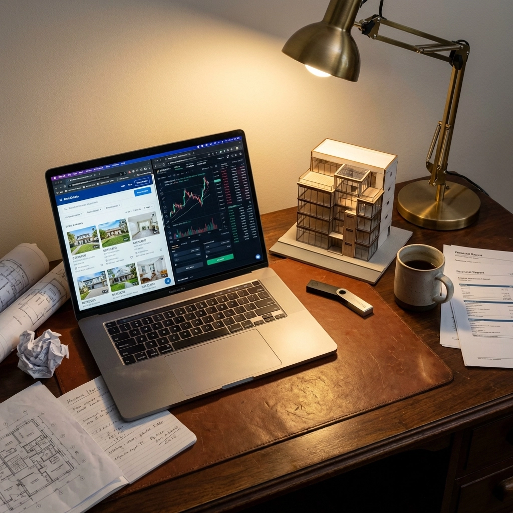 Investor's desk with laptop showing real estate and crypto charts, symbolizing strategic wealth management for accredited investors.
