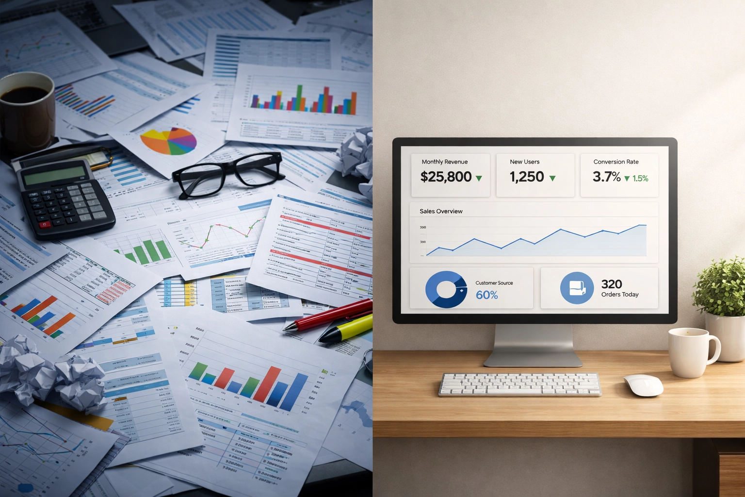 Comparison of cluttered reports versus clean conversion rate optimization dashboard