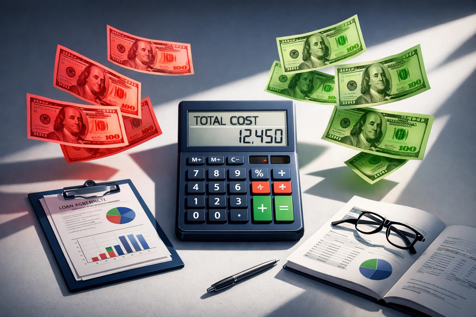 Calculator with dollar bills showing hidden costs and fees in working capital loans