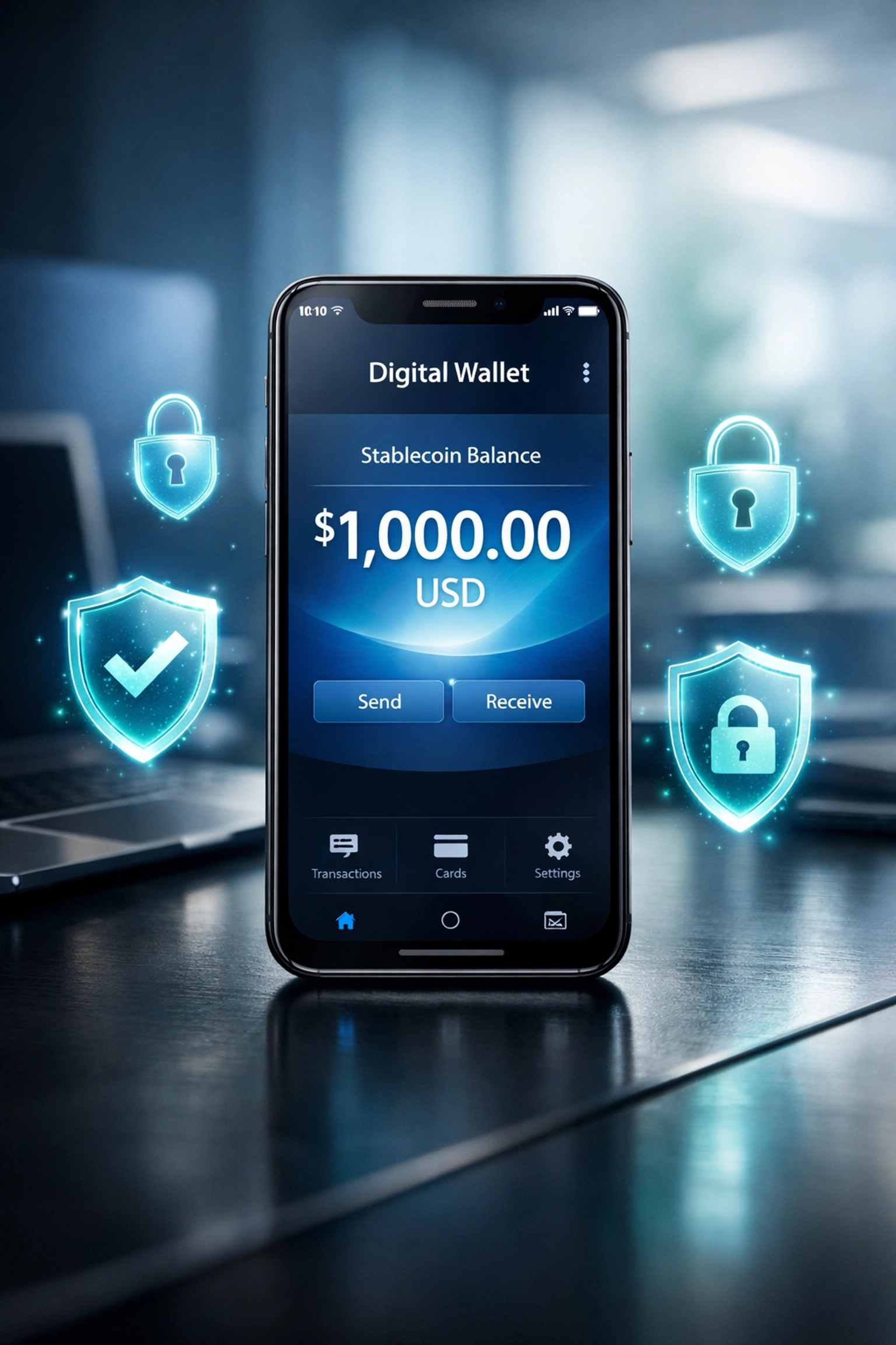 Stablecoin wallet displaying secure digital balance for merchant self-custody payments