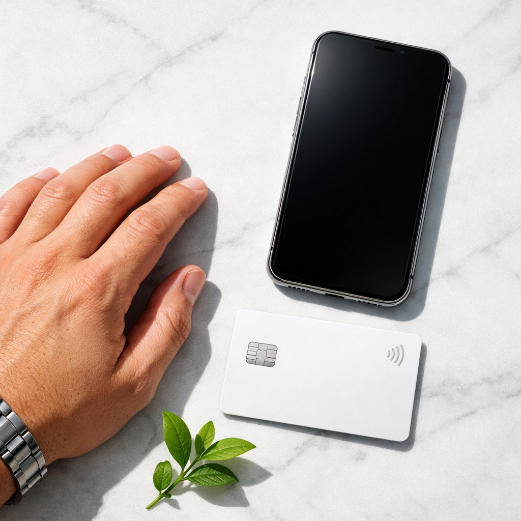 Client using a smartphone and credit card for a secure online appointment booking.