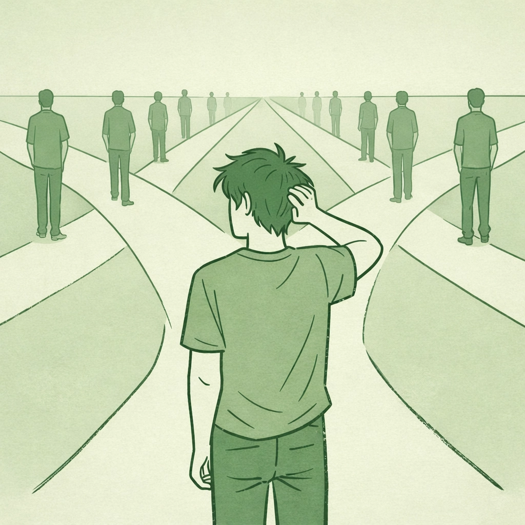 Man overwhelmed by endless dating app choices and potential matches