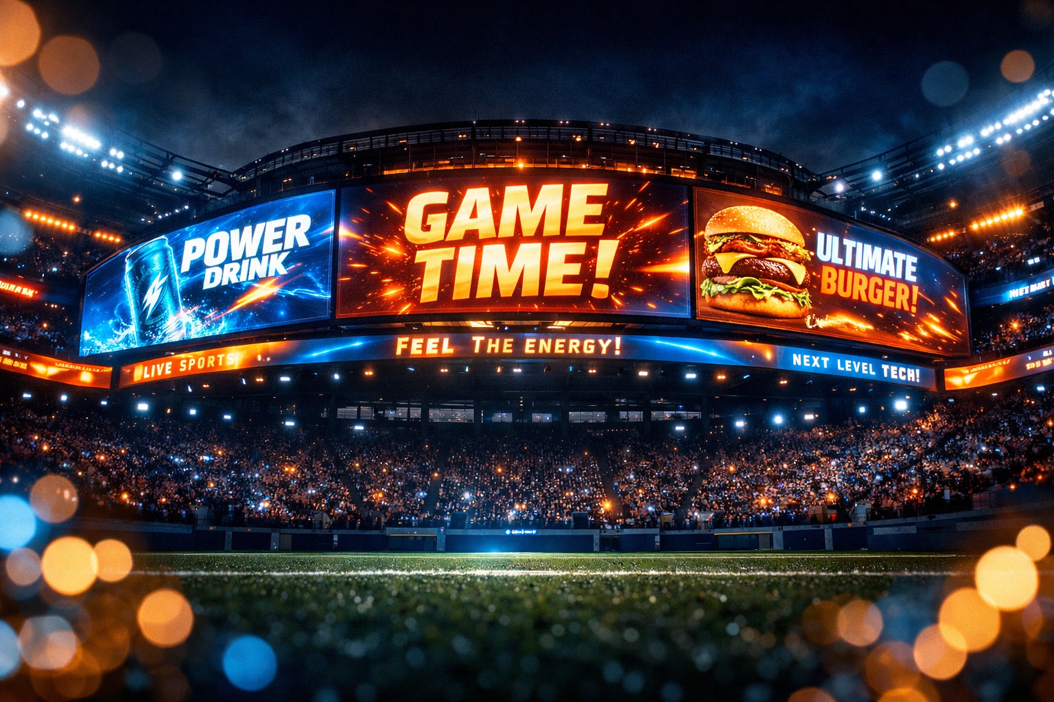 Modern sports stadium with illuminated jumbotron and LED advertising displays at night