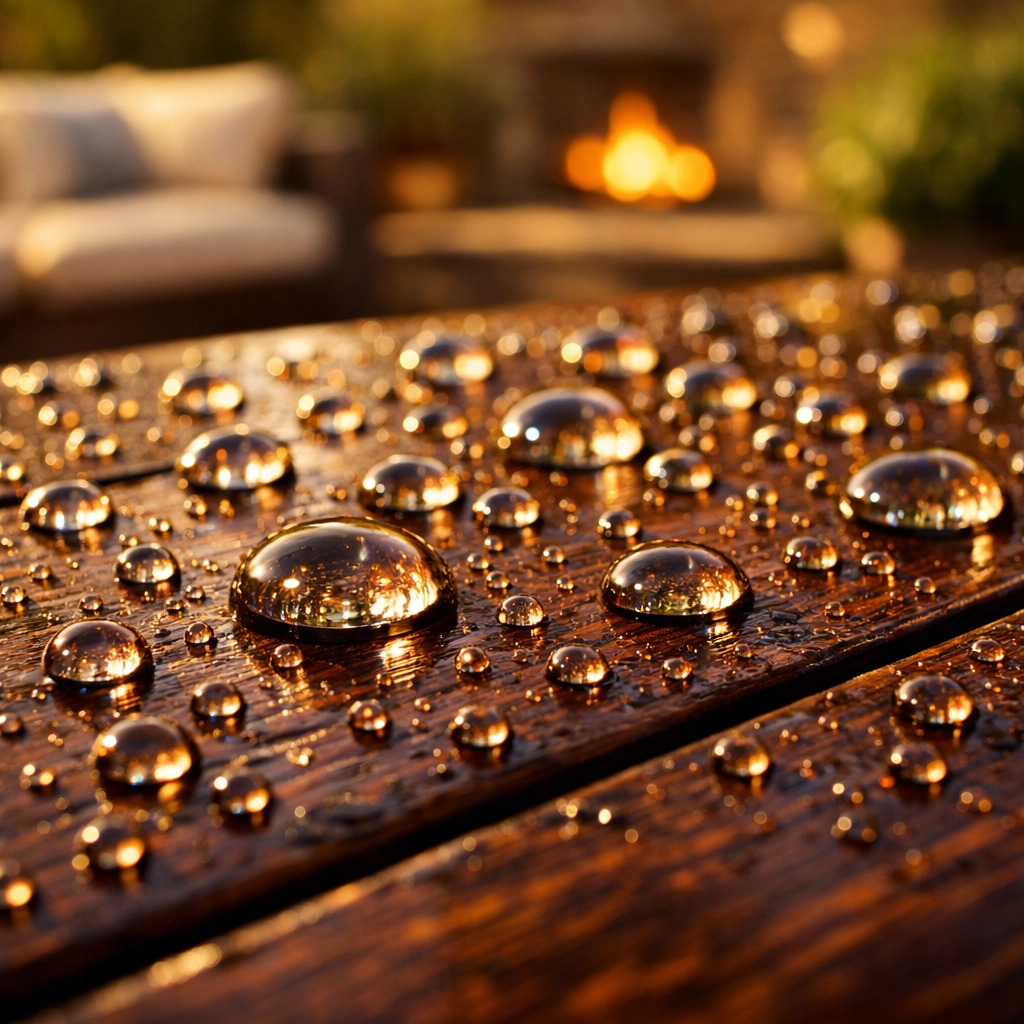 Water beading on a dark wood patio table after professional furniture sealant application.