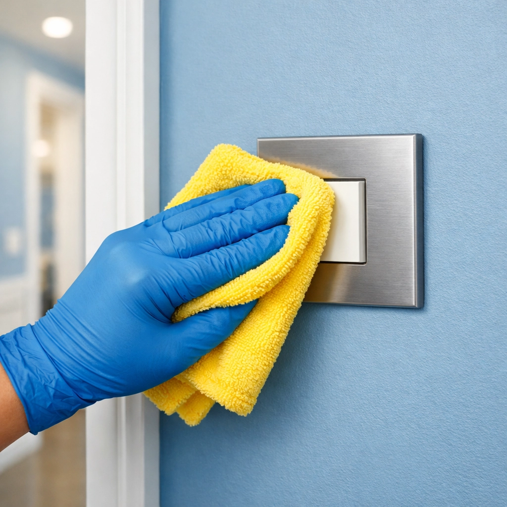 Expert residential cleaning MA showing a ninja wiping a light switch with a microfiber cloth for sanitization.