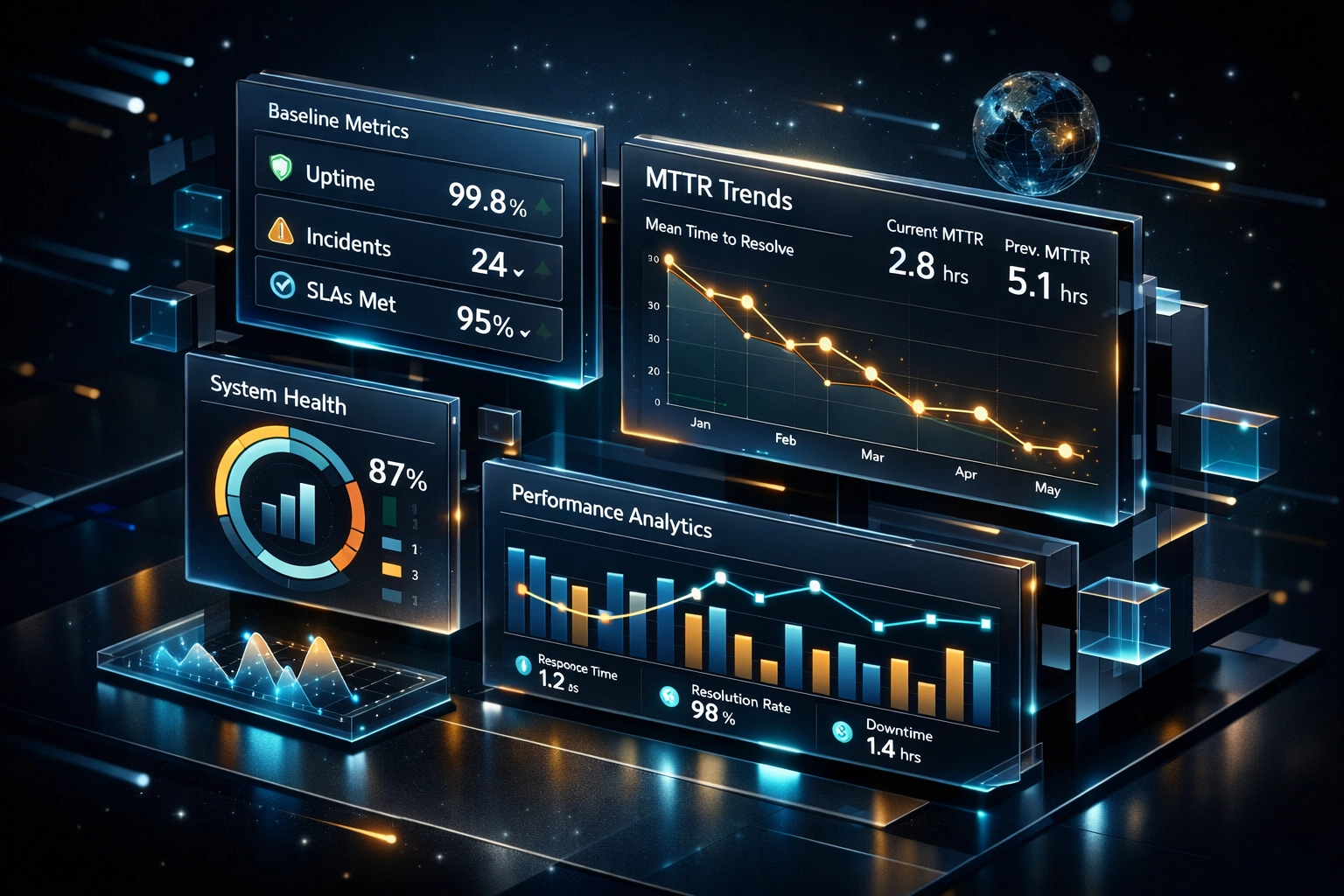 ServiceNow performance analytics dashboard showing baseline MTTR metrics and KPIs for ROI measurement