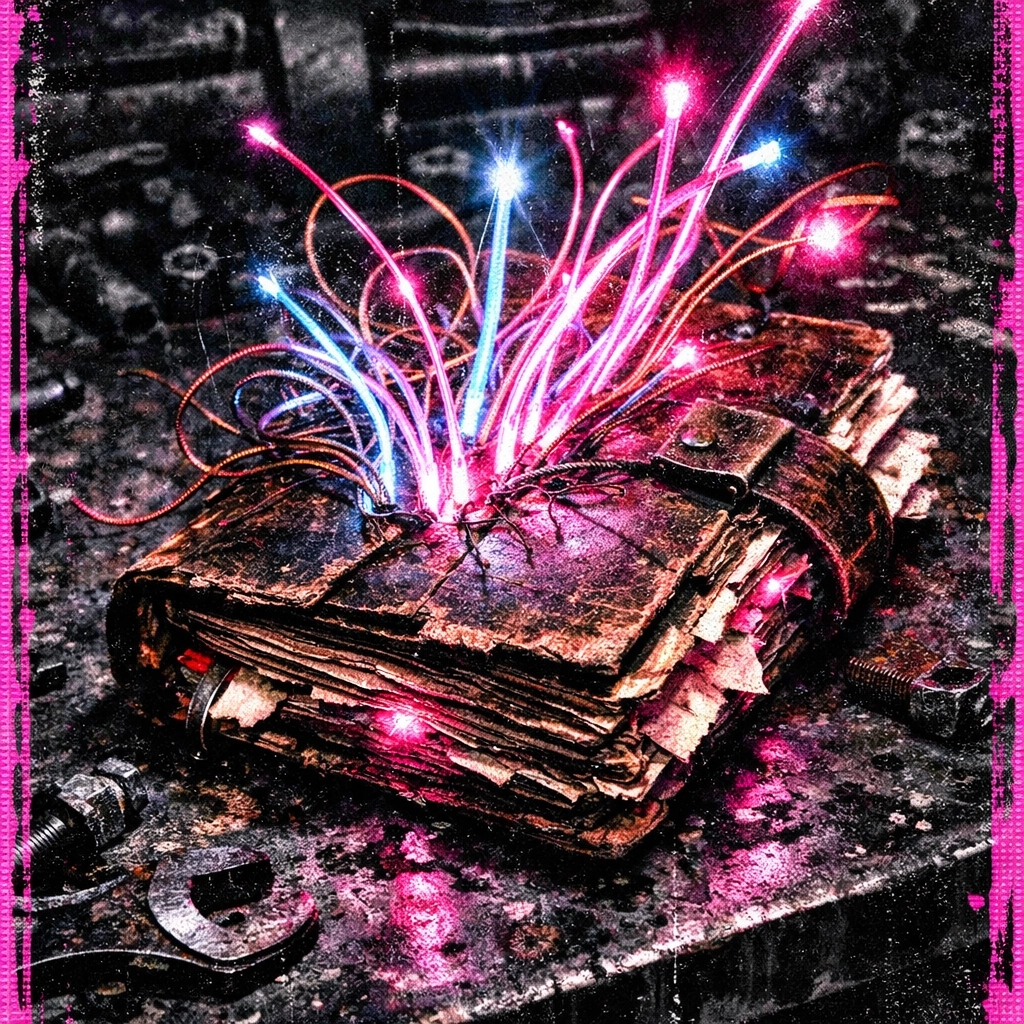 Vintage diary with fiber optics symbolizing a secure digital legacy, data privacy, and AI encrypted storytelling.