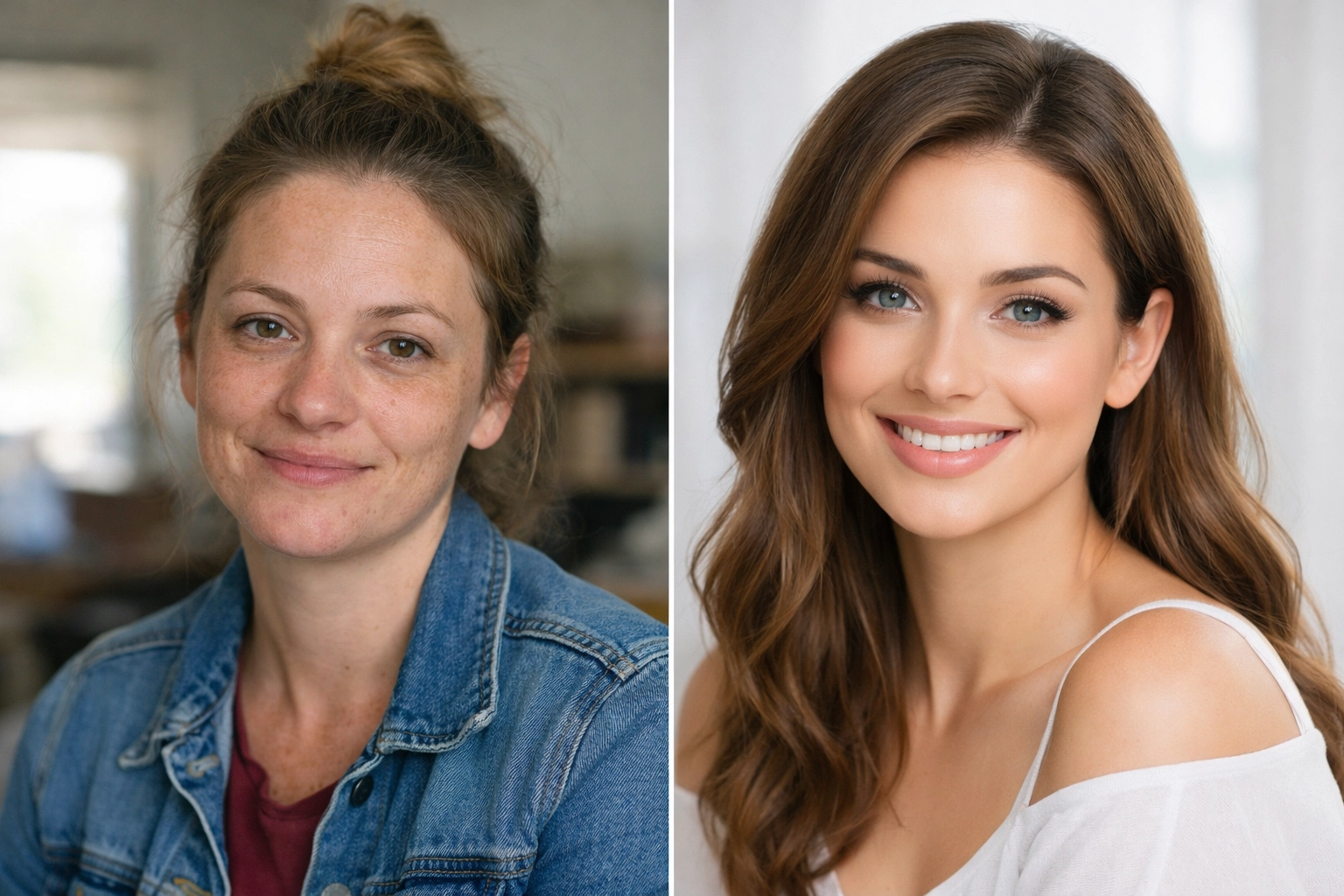 Comparison of genuine dating profile photo versus fake AI-generated scammer profile picture