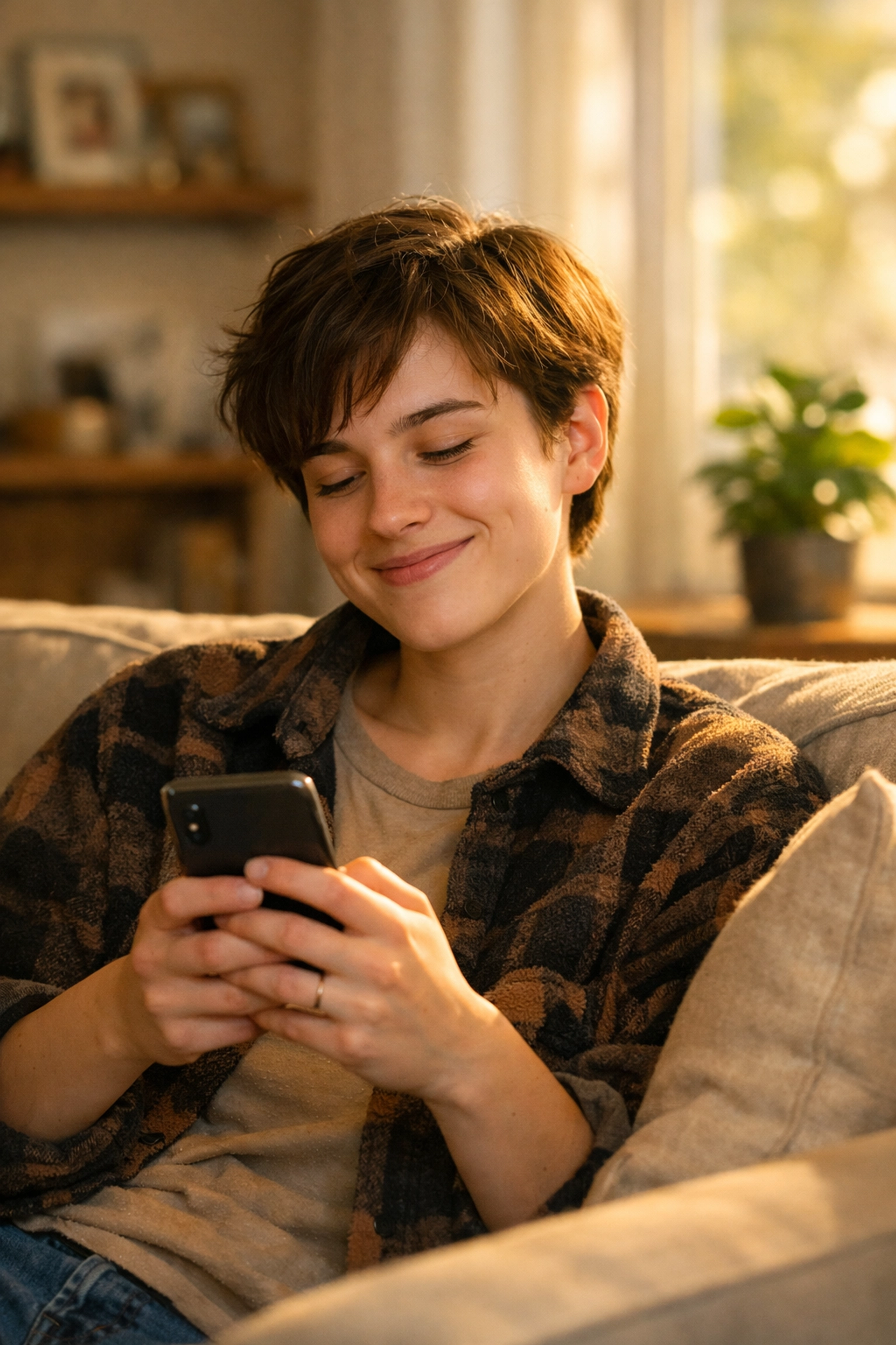 A relieved Canadian using their smartphone to apply for a fast emergency loan with no credit check.