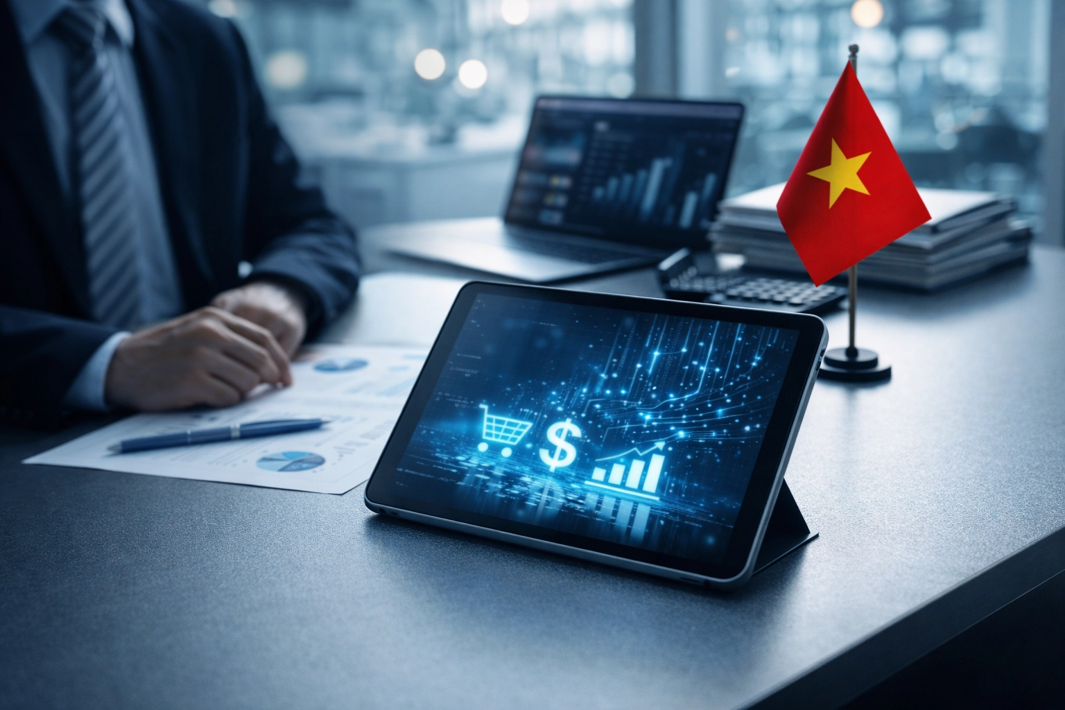 Digital data streams flowing from a tablet representing Vietnam digital business tax and e-commerce compliance.