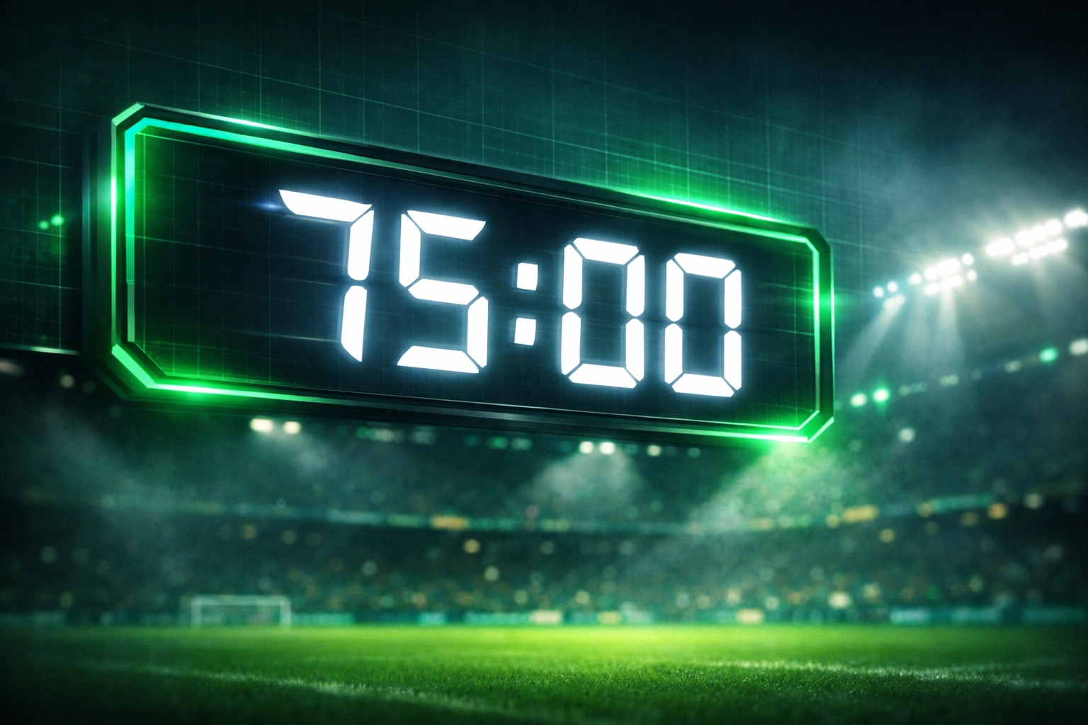 Football stadium clock displaying 75th minute mark for late-game betting strategy