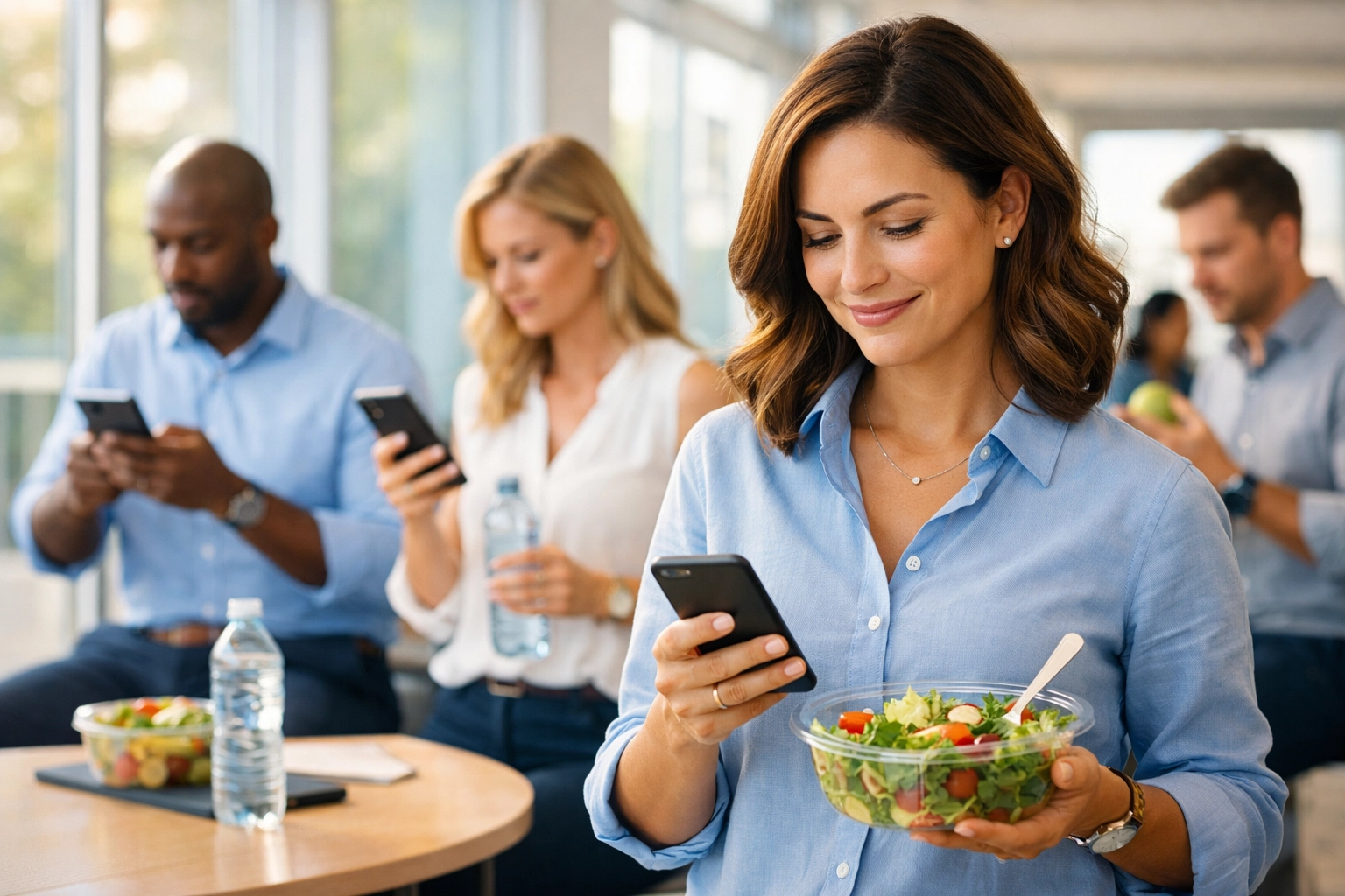 Busy Louisiana professionals on lunch break checking phones in modern office