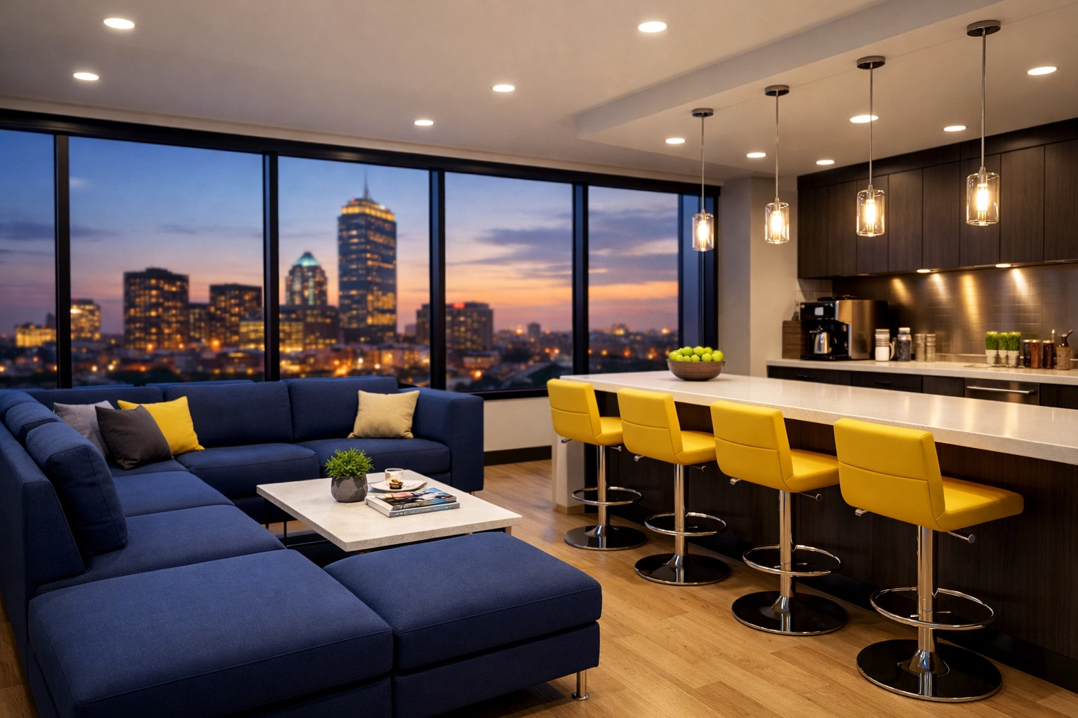 Pristine office breakroom and lounge area highlighting meticulous commercial cleaning Cambridge MA standards.