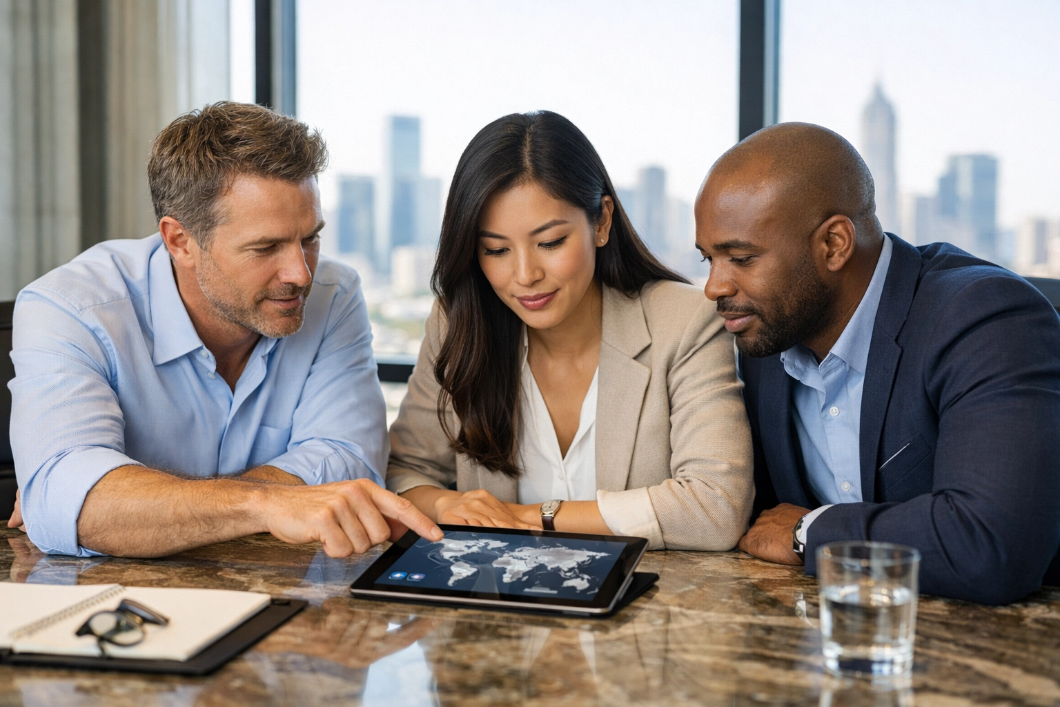 Corporate team collaborating on global brand expansion strategy and multi-sector media assets at Dakdan Worldwide.