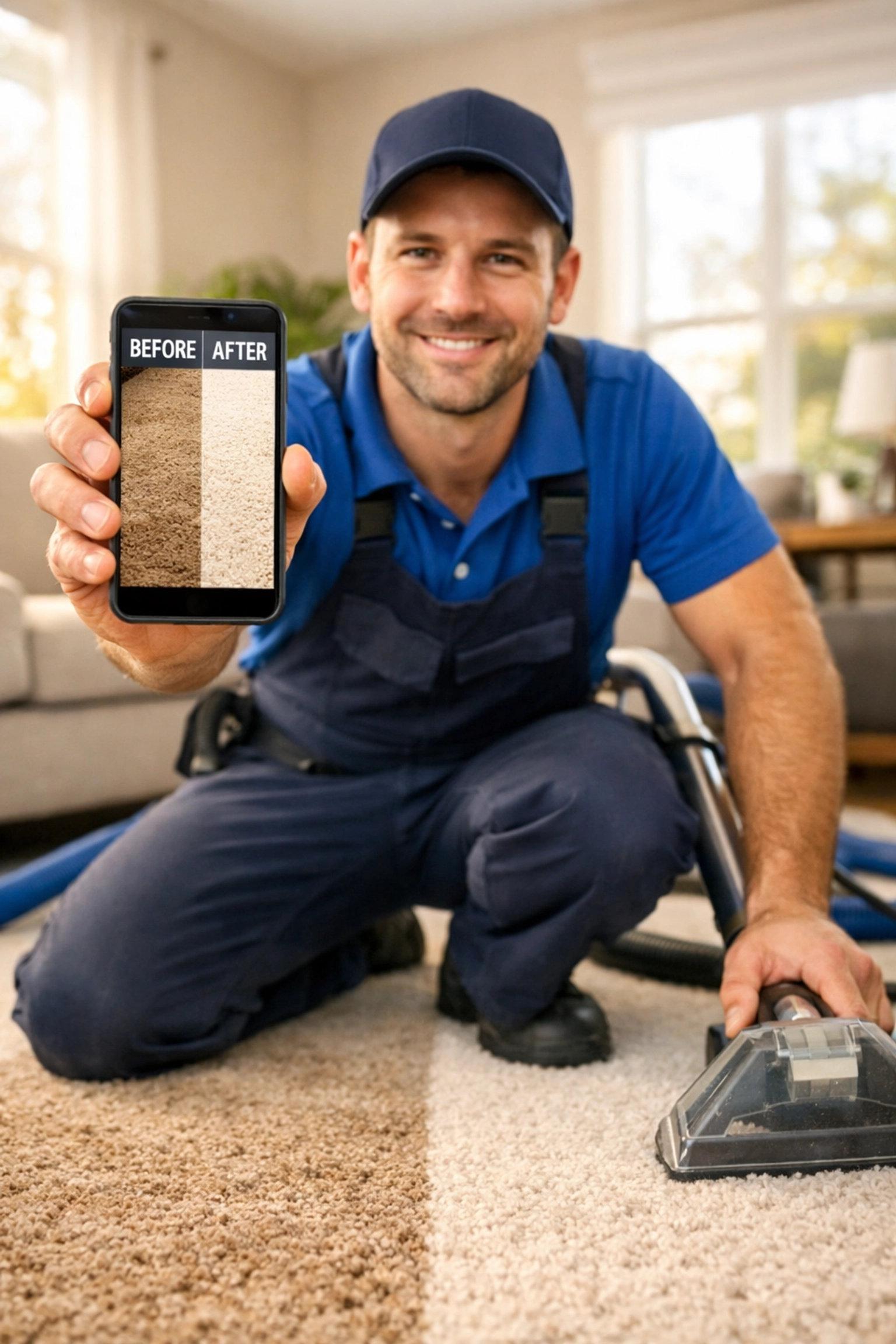 Carpet cleaning technician showing before-and-after results on smartphone
