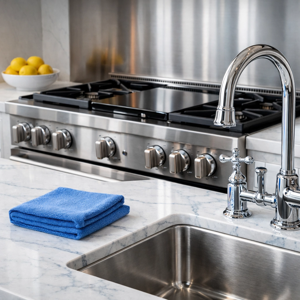 Detail shot of a deep-cleaned luxury kitchen in Cambridge featuring sparkling marble and stainless steel.