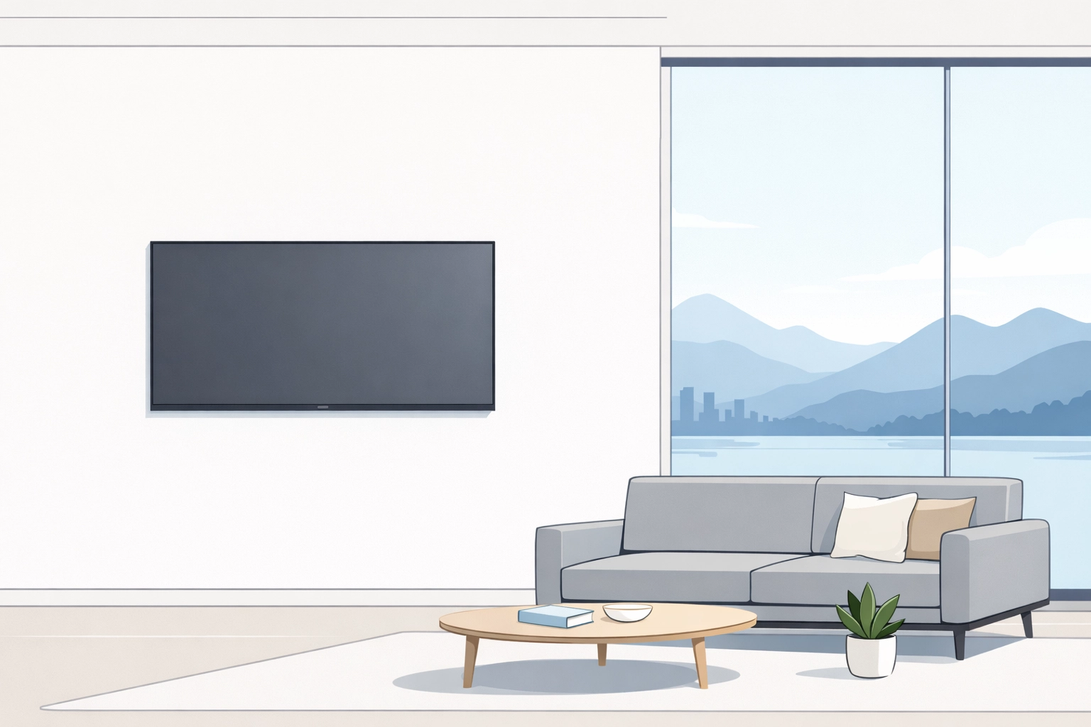 Minimalist Vancouver living room with a professionally wall-mounted TV and organized, cable-free design.